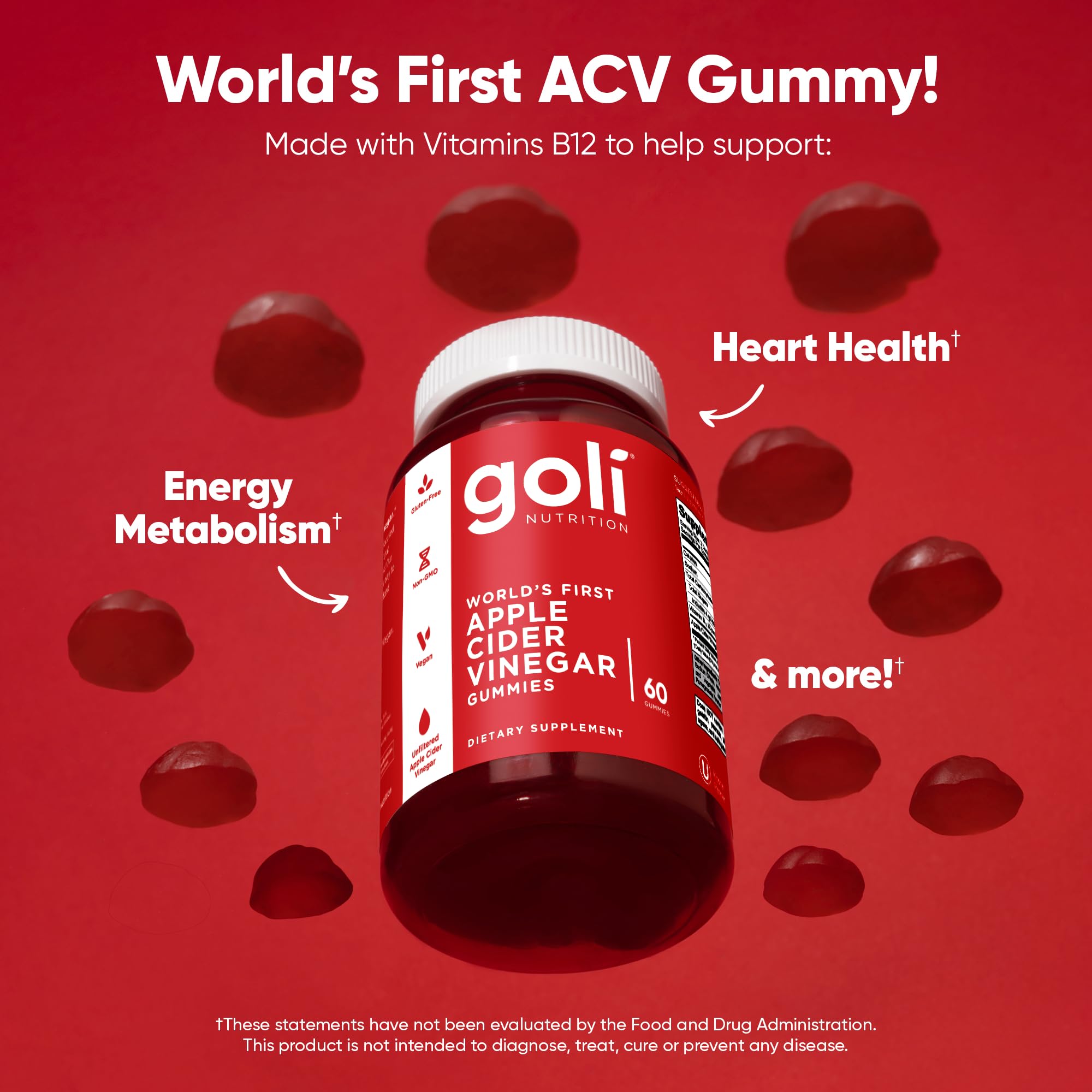 Goli Apple Cider Vinegar Gummies – 180 Count | B9 & B12, Vegan, Gluten-Free, Non-GMO