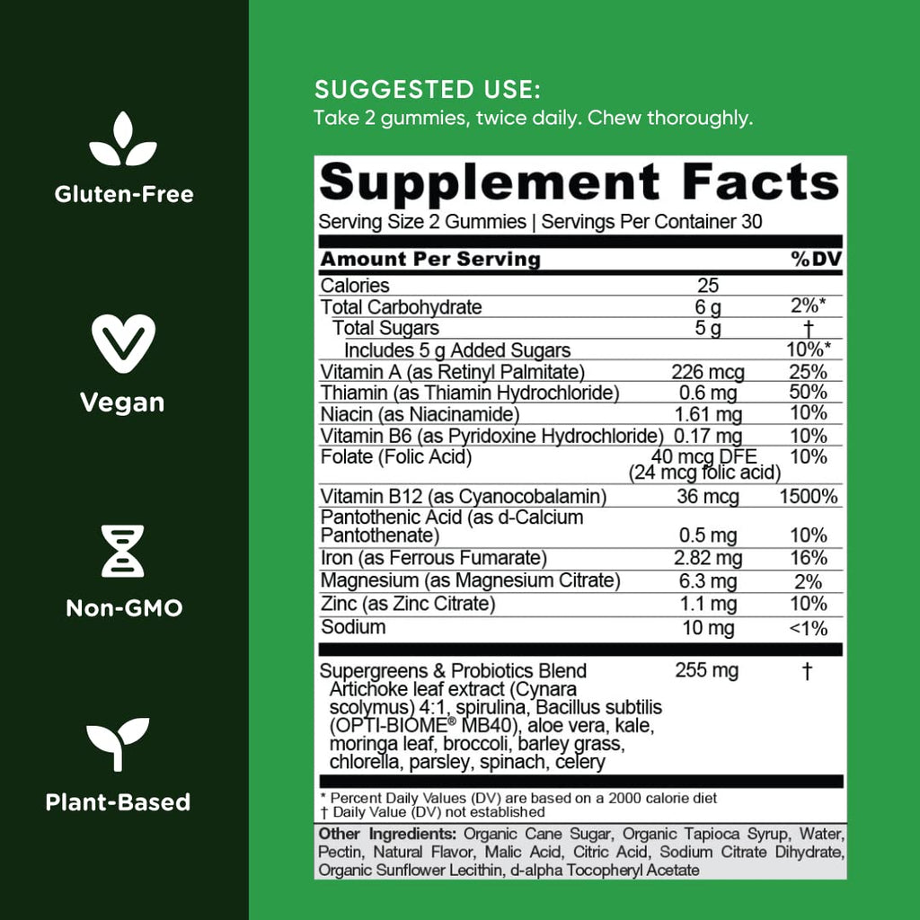 Goli SuperGreens Vitamin Gummy – 120 Count, Pack of 2 | Plant-Based, Vegan, Gluten-Free, Gelatin-Free