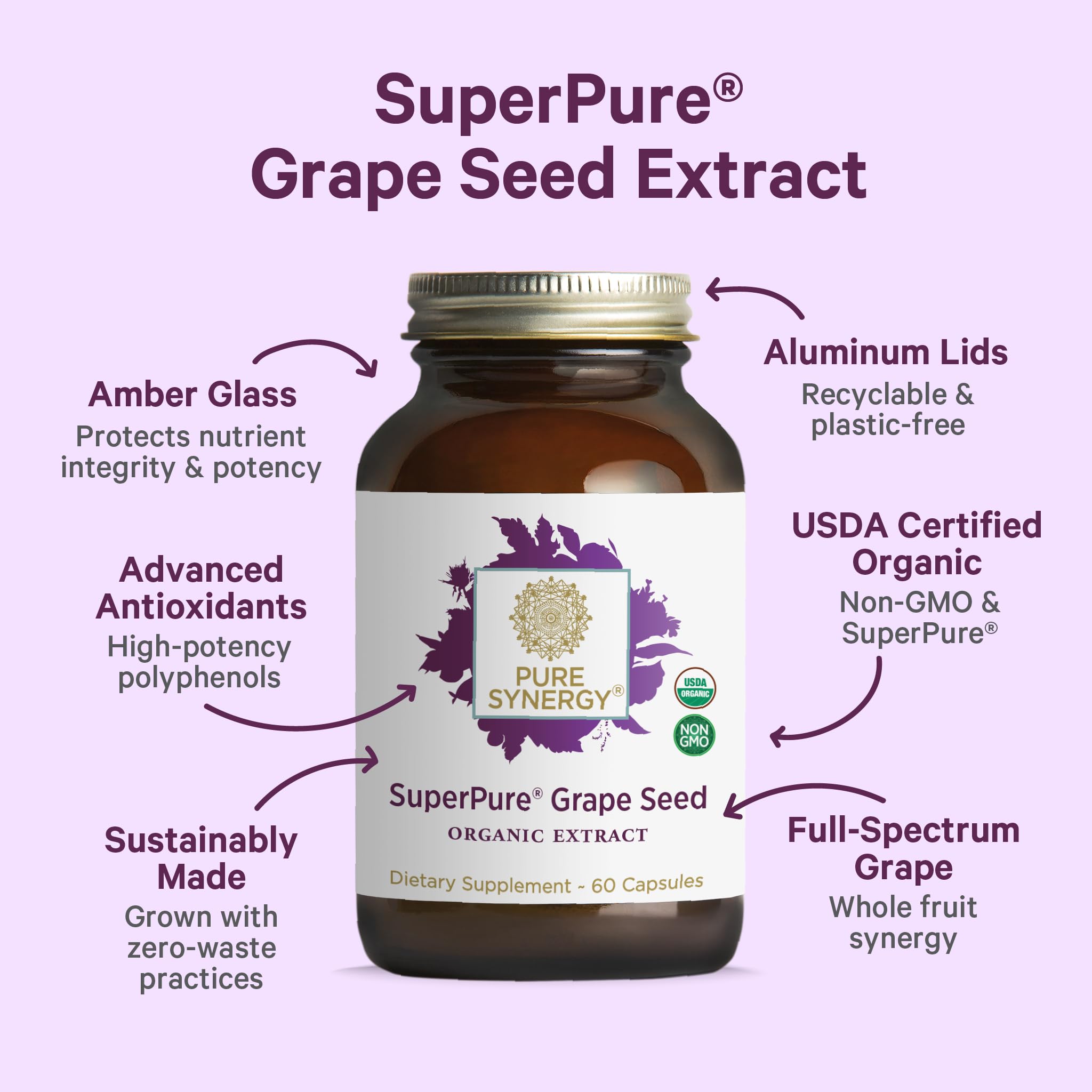 Pure Synergy SuperPure Grape Seed Extract | Organic Grape Seed Polyphenols – Heart Health, Skin & Healthy Aging (60 Capsules)