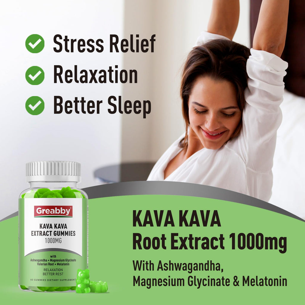 GREABBY Kava Kava Gummies 1000mg Per Serving, Sleep Support, Natural Lemon Flavor, 60 Vegan Gummies, Stress Relief & Relaxation Supplement