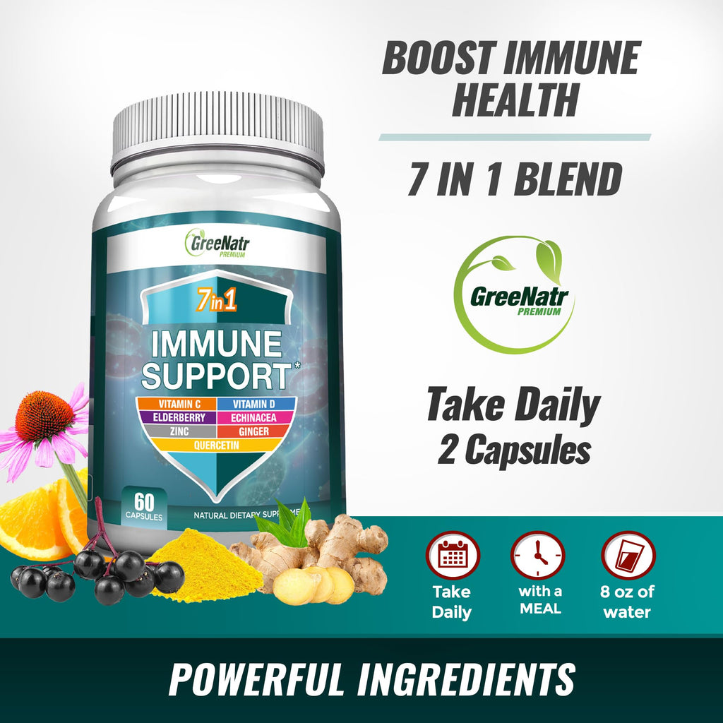 GreeNatr Immune Support – Vitamin C, D3, Zinc 50mg, Quercetin, Elderberry, Ginger, 60 Capsules