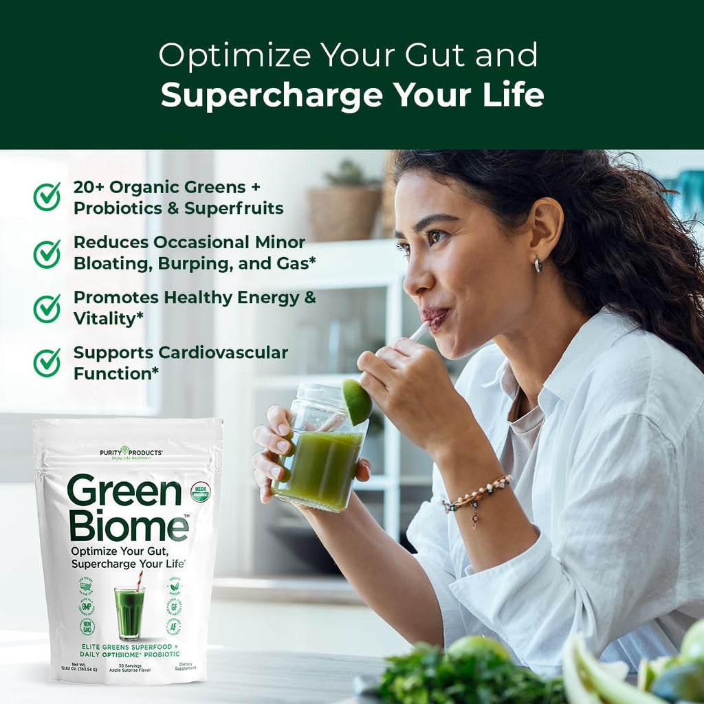 Green Biome Elite Organic Greens + OptiBiome Probiotic | Bloat Relief, Digestive Comfort, Regularity | Vegan, Gluten Free | Apple Flavor | 30 Servings