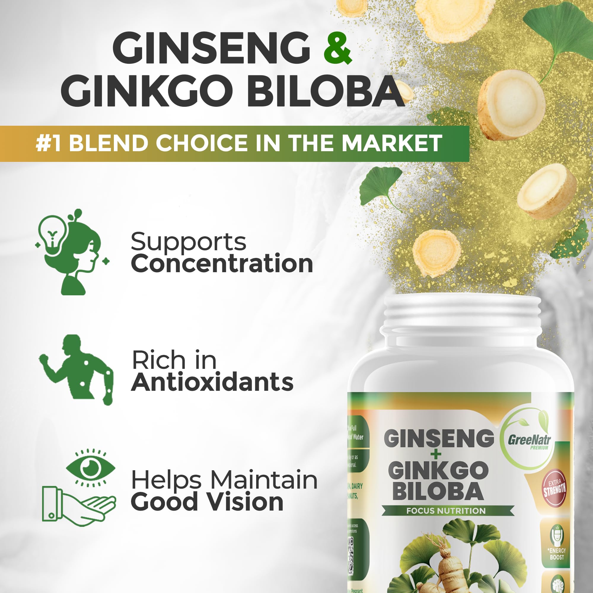 GreeNatr Ginko Biloba & Panax Ginseng – Brain Support & Focus (3 Bottles)