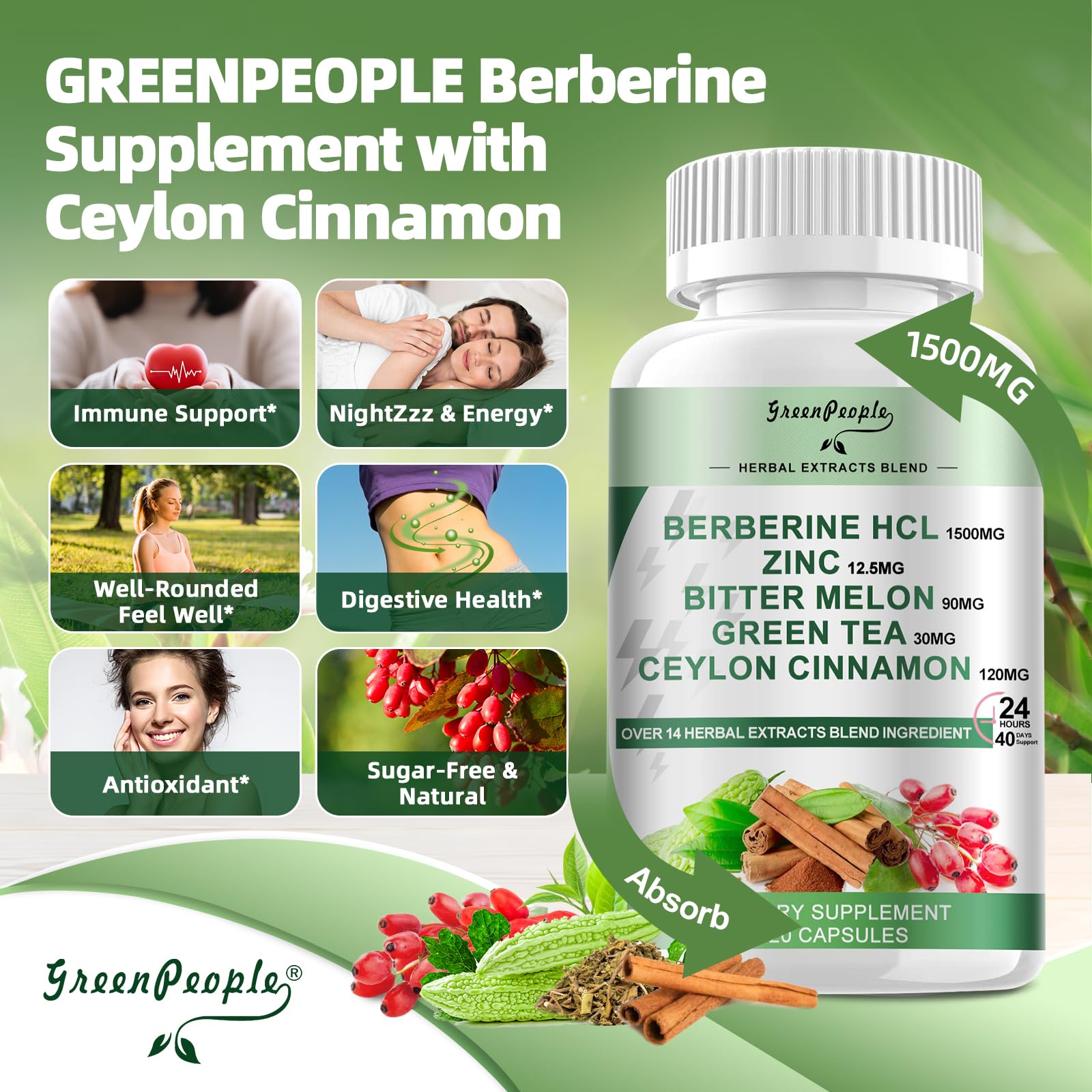 GREENPEOPLE Berberine 1500mg Liposomal - 120 Capsules | Immune Support & Energy