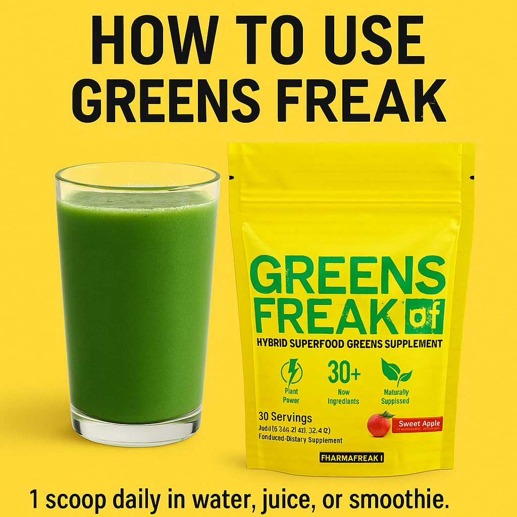 Pharmafreak Greens Freak – Sweet Apple Greens Powder with Spirulina & 30+ Ingredients
