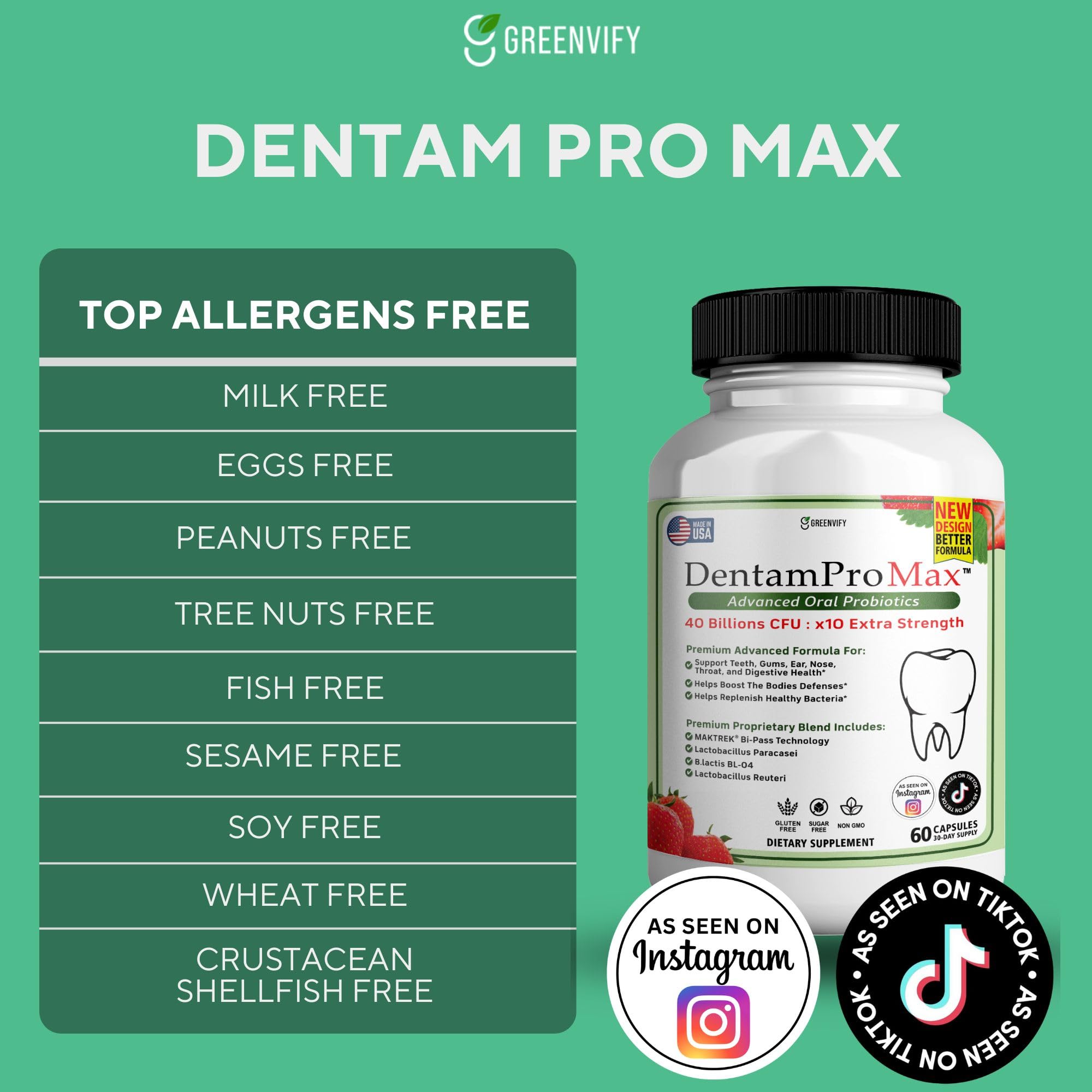 GREENVIFY DentamPro Max for Gums and Teeth Health & Fresh Breath - 40 Billion CFU Advanced Oral Probiotics for Mouth Bad Breath, Capsule Supplement (1)