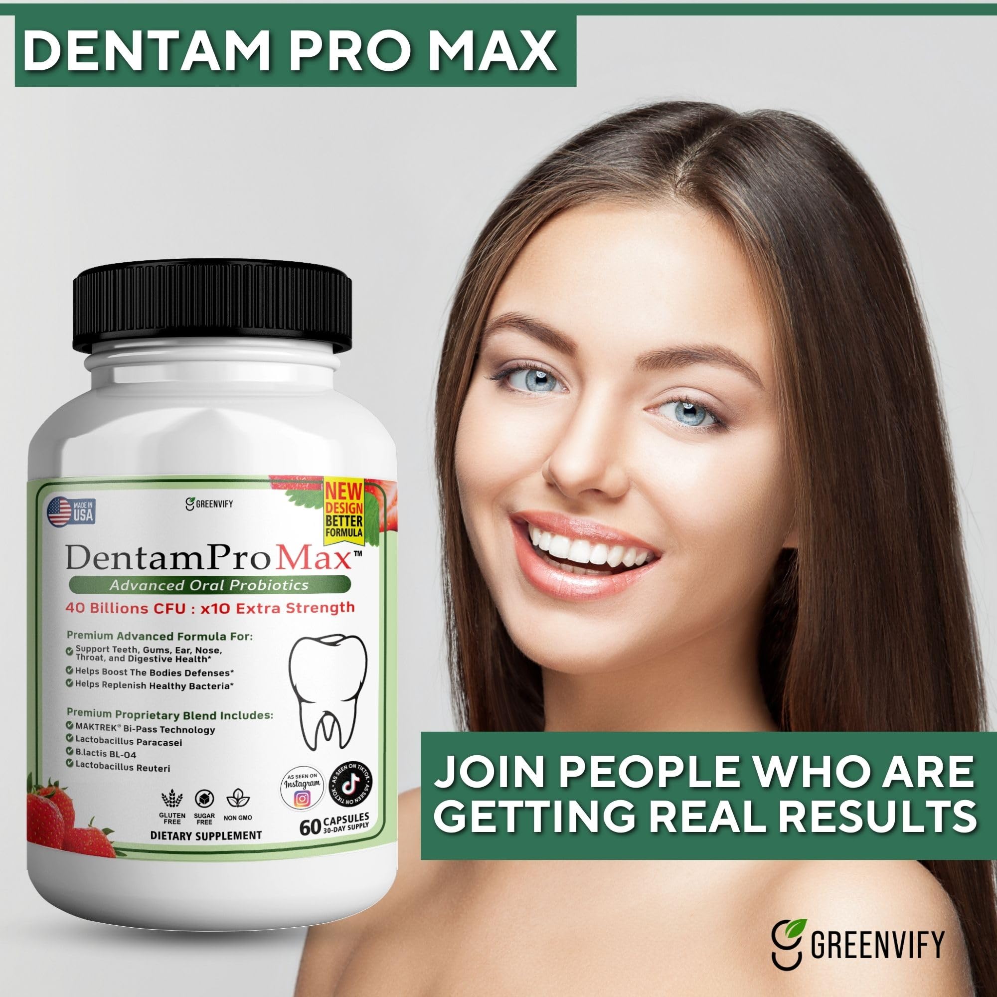 GREENVIFY DentamPro Max for Gums and Teeth Health & Fresh Breath - 40 Billion CFU Advanced Oral Probiotics for Mouth Bad Breath, Capsule Supplement (1)