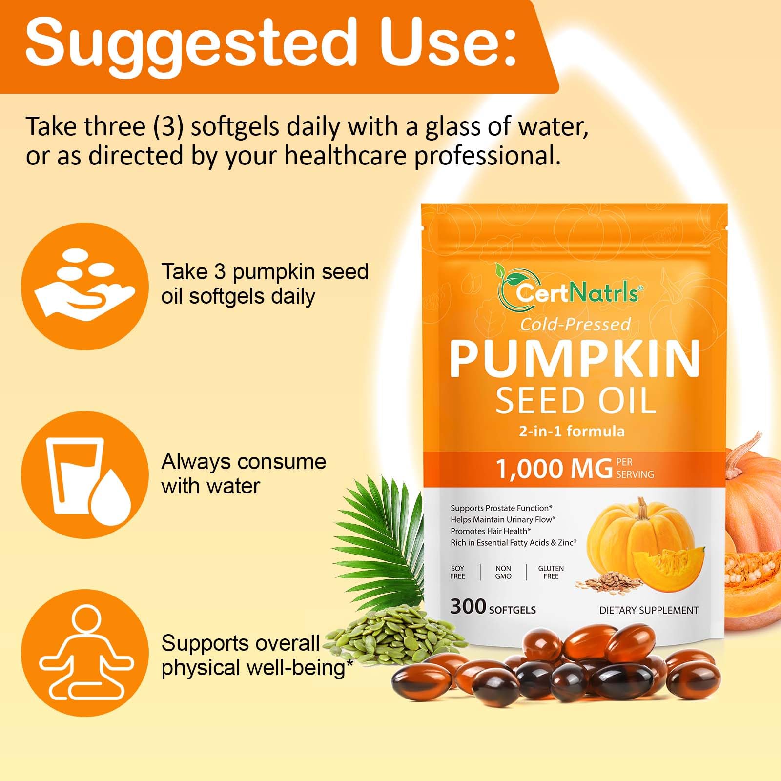 GTZSXNP Pumpkin Seed Oil Capsules 2 in 1 – Hair & Prostate Health (Non-GMO)