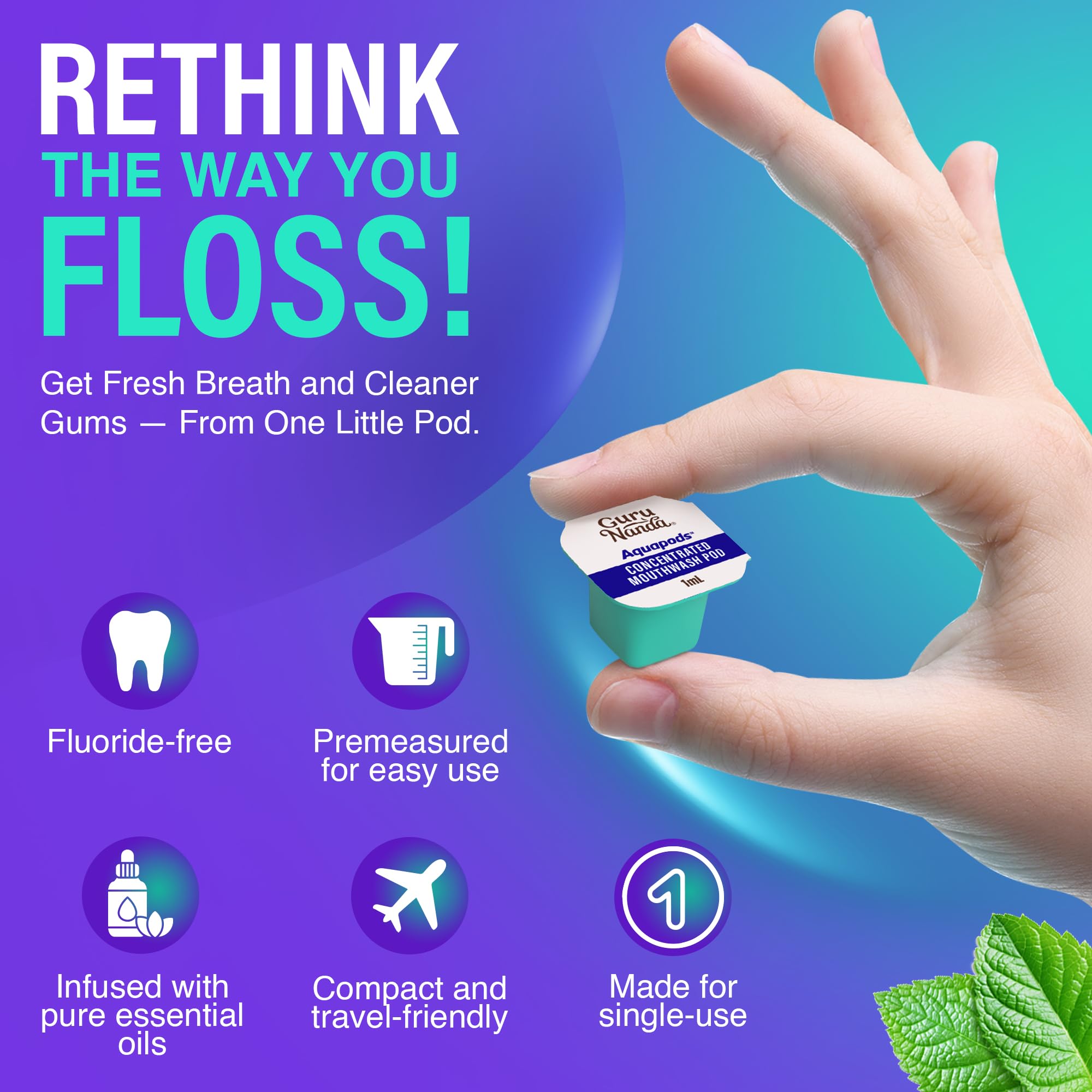 GuruNanda Aqua Pods - Pre-Measured Mouthwash for Water Flosser 4.0 (Fluoride & Alcohol-Free)