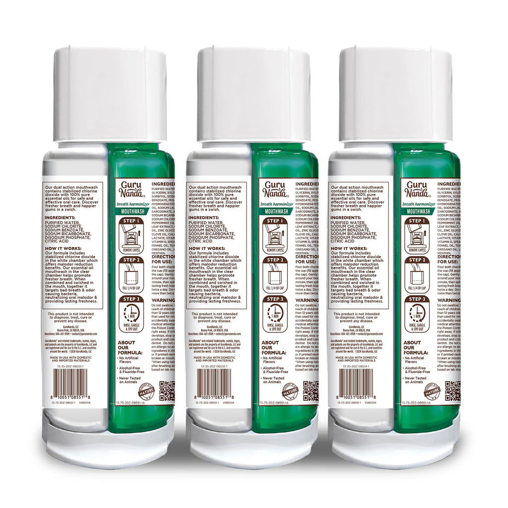 GuruNanda Dual Barrel Breath Harmonizer Mouthwash – Wild Mint, 3 Pack, Alcohol-Free & Fluoride-Free