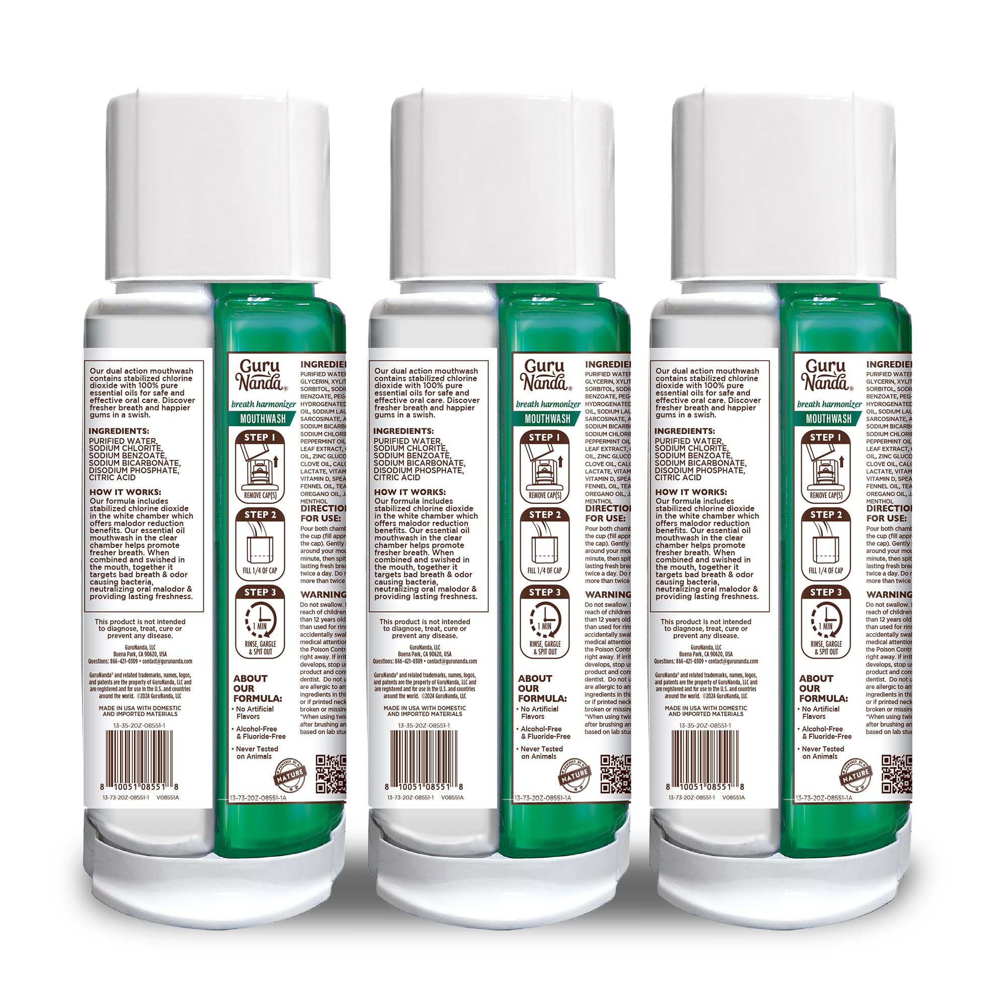 GuruNanda Dual Barrel Breath Harmonizer Mouthwash – Wild Mint, 3 Pack, Alcohol-Free & Fluoride-Free