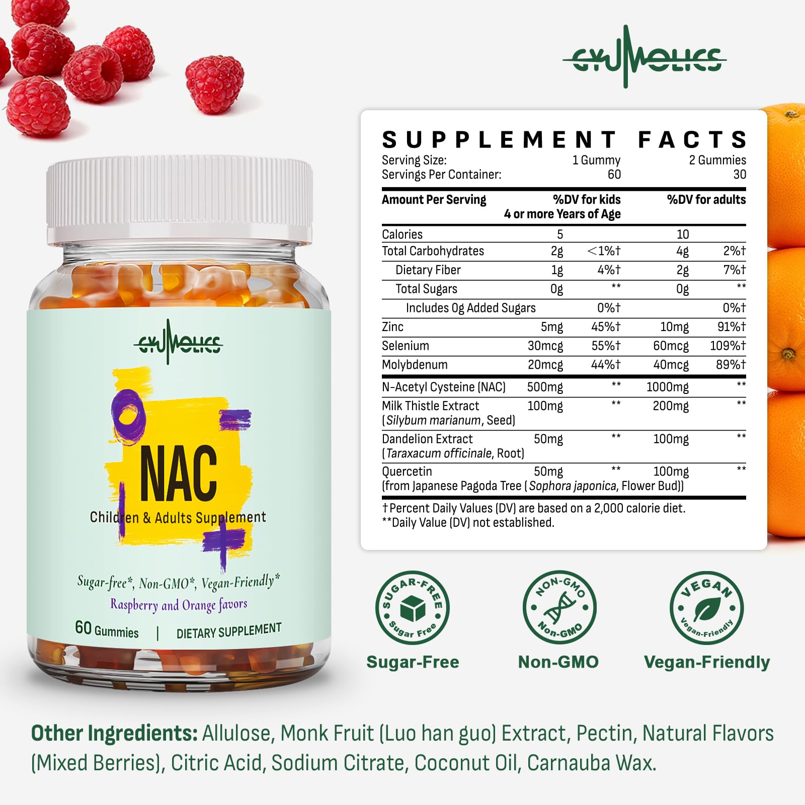 Gyumolics NAC Gummies 1000mg Adults & 500mg Kids – Vegan, Sugar-Free, 120 Gummies