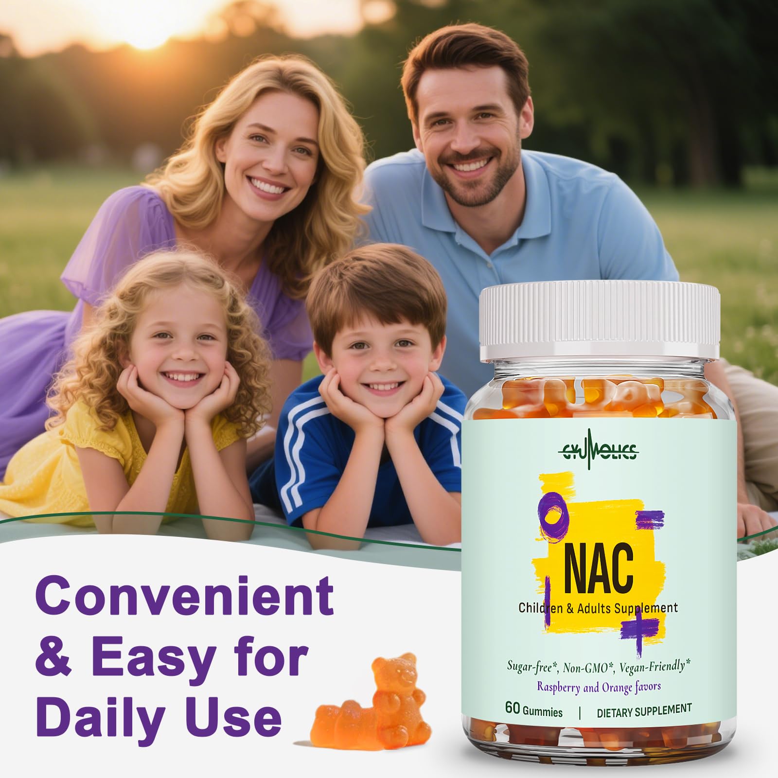 Gyumolics NAC Gummies 1000mg Adults & 500mg Kids – Vegan, Sugar-Free, 120 Gummies