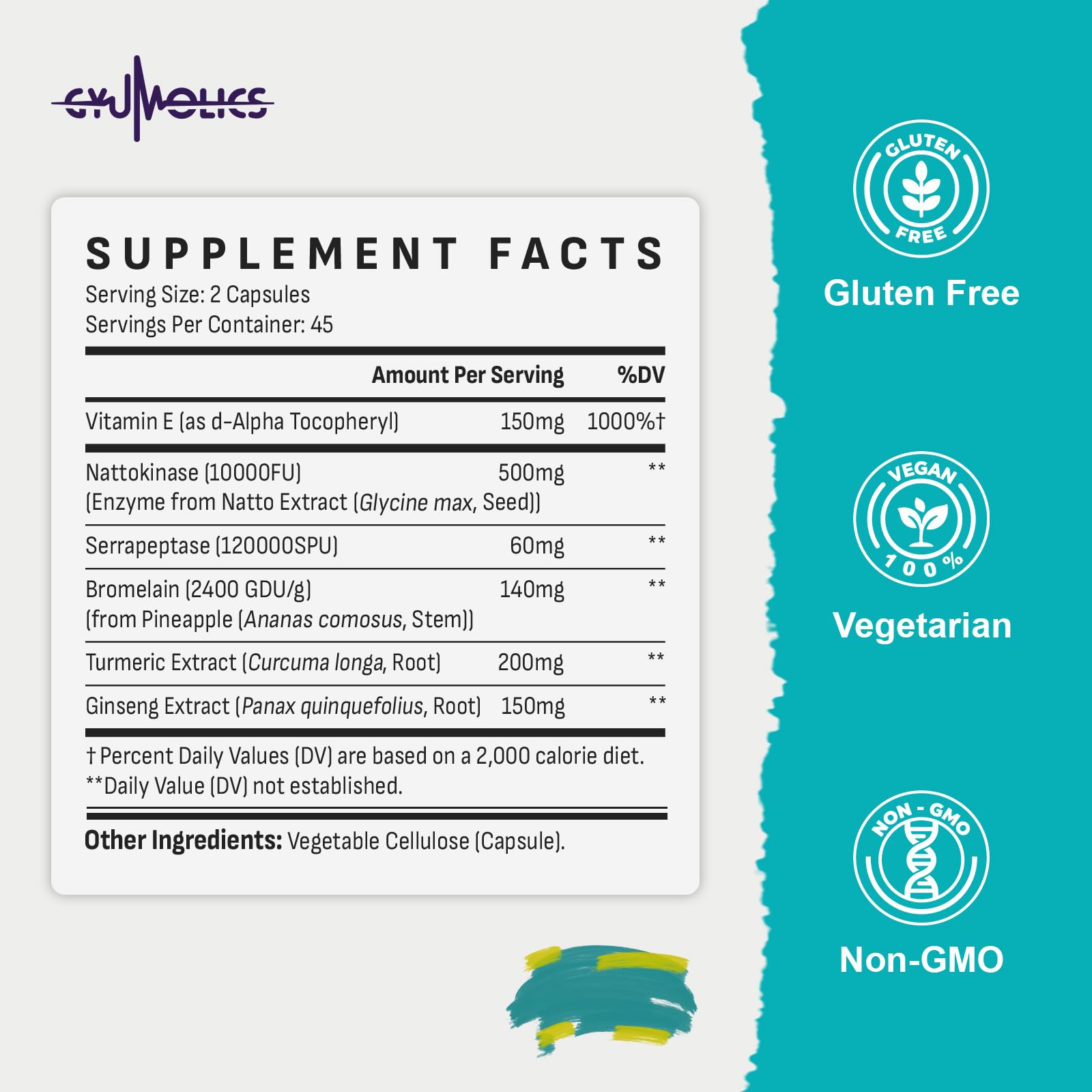Gyumolics Nattokinase 10000FU Supplement – Organic Enzymes, Serrapeptase, Bromelain, Curcumin, Vitamin E & Ginseng, 90 Capsules