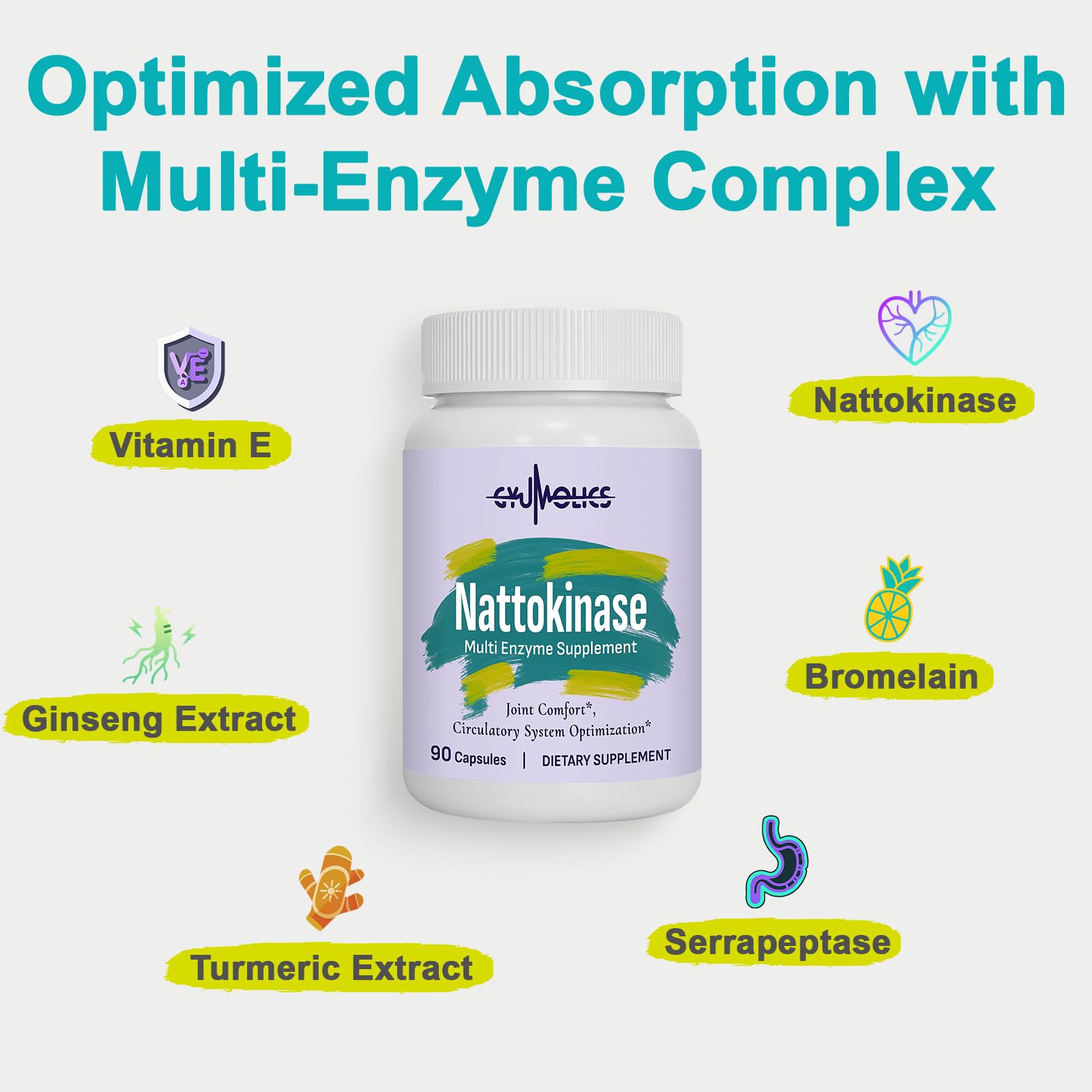 Gyumolics Nattokinase 10000FU Supplement – Organic Enzymes, Serrapeptase, Bromelain, Curcumin, Vitamin E & Ginseng, 90 Capsules