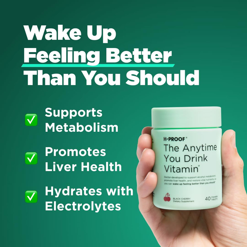 H-PROOF The Anytime You Drink Vitamin — Post-Drink Metabolism + Liver Health, Immunity Support, Vegan, 40 Chewables