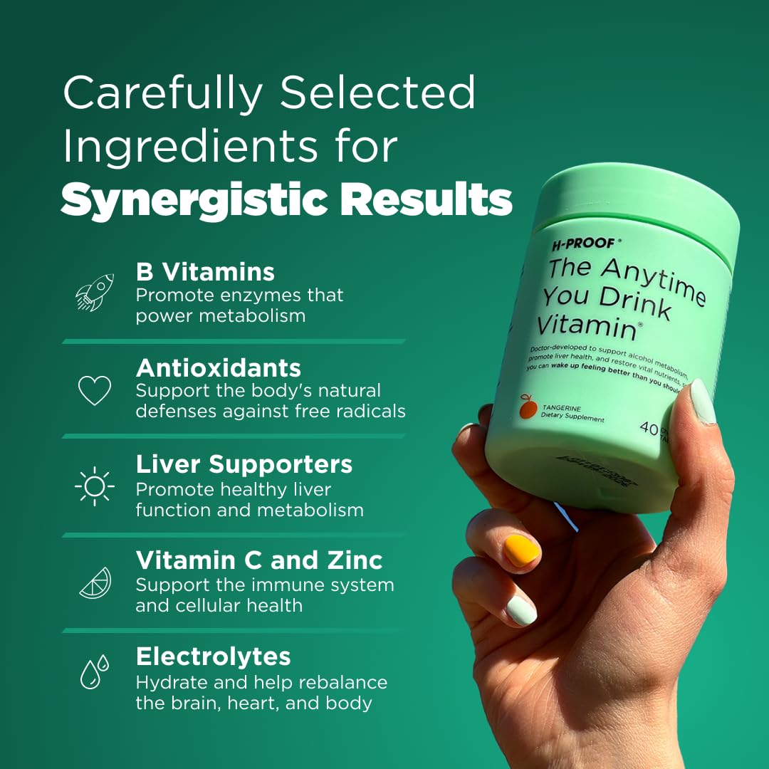 H-PROOF The Anytime You Drink Vitamin — Post-Drink Metabolism + Liver Health, Immunity Support, Vegan, 40 Chewables
