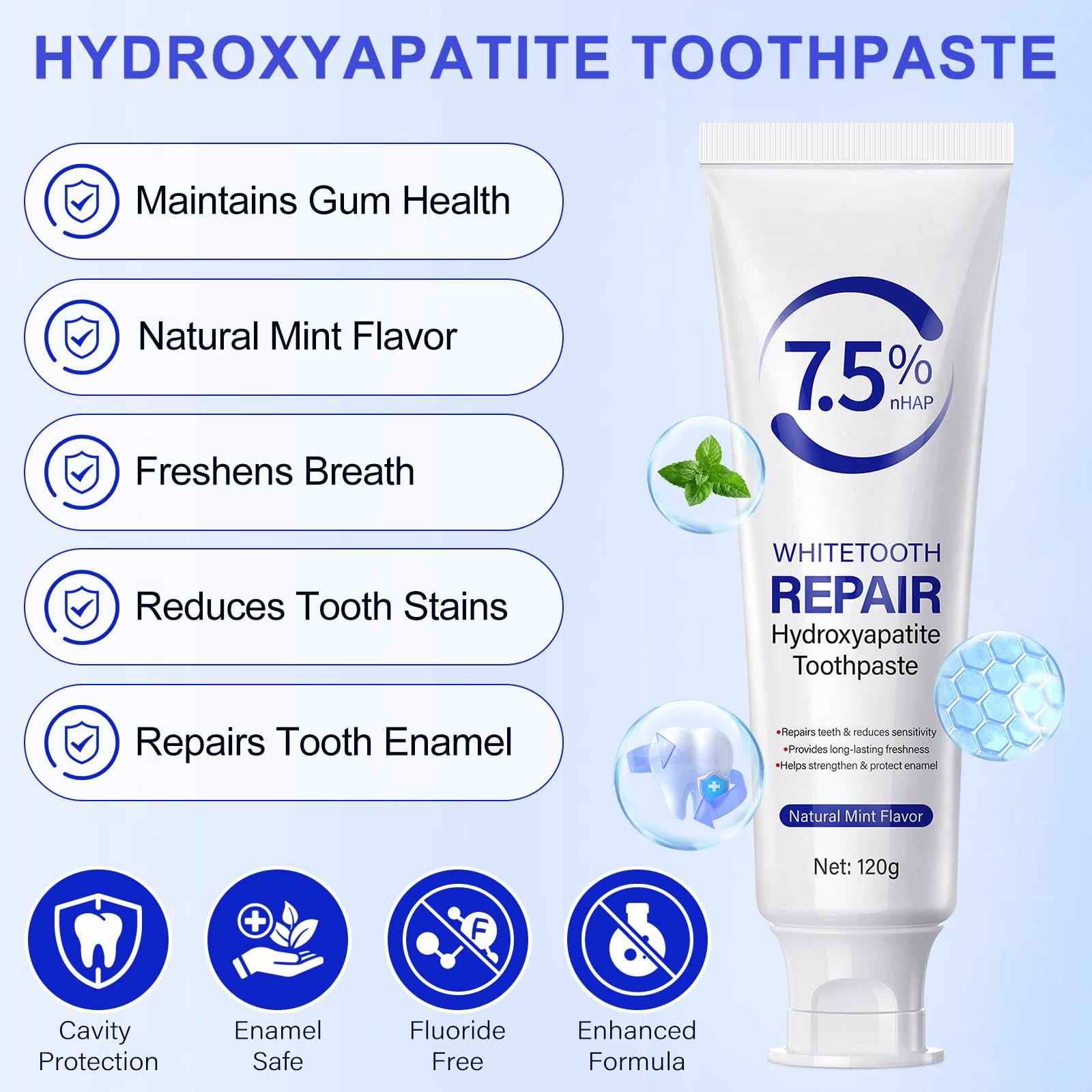 Hydroxyapatite Toothpaste – Enamel Protection & Gentle Mint (2 Tubes, 4.23 oz)