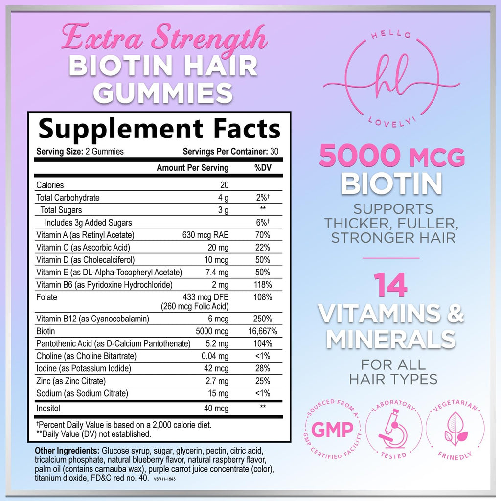 Hair Vitamins Gummies – Biotin 5000 mcg, Vitamin E & C, Zinc | Non-GMO, Gluten-Free, 60 Gummies