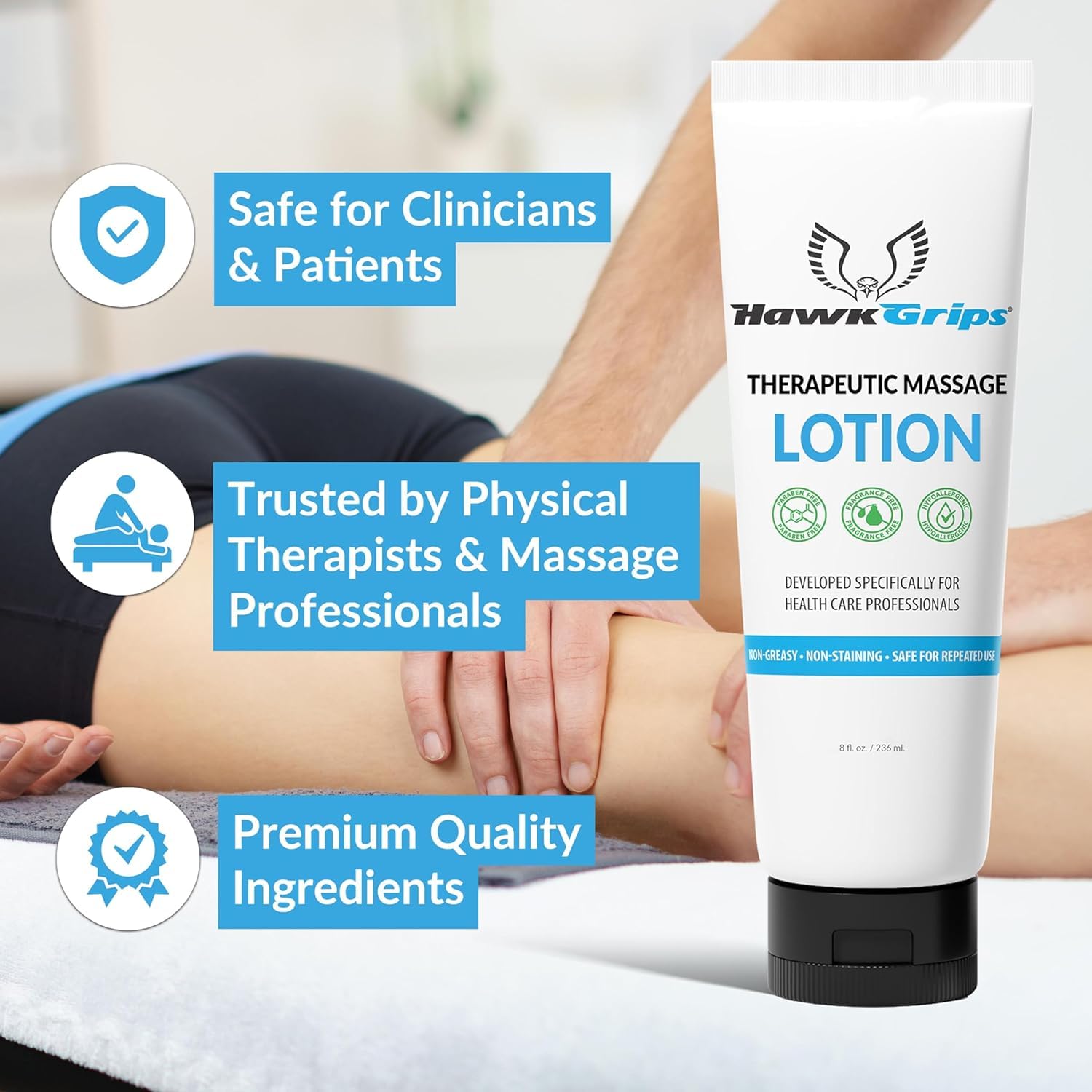 8oz Therapeutic Massage Lotion – Unscented, Non-Greasy | HawkGrips (Pack of 6)