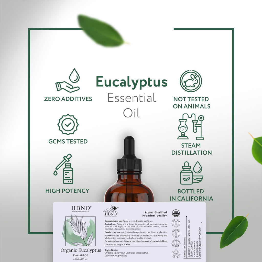 HBNO California Bottled Organic Eucalyptus Essential Oil (Globulus) - 4 fl oz (120ml) - USDA Certified Organic - Ideal for Diffuser, Hair, Face, Skin Care, Aromatherapy, Scalp & Body Massage