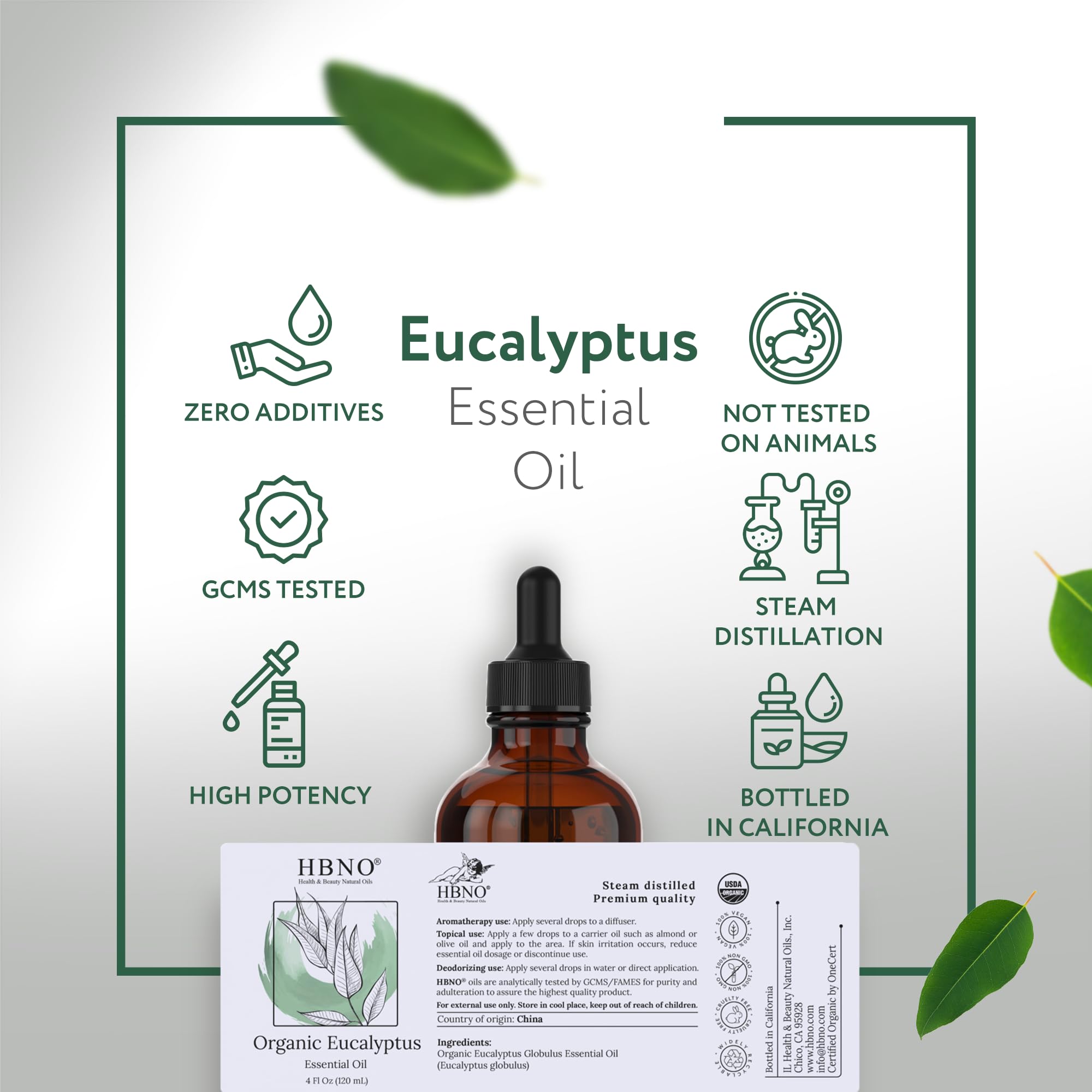 HBNO California Bottled Organic Eucalyptus Essential Oil (Globulus) - 4 fl oz (120ml) - USDA Certified Organic - Ideal for Diffuser, Hair, Face, Skin Care, Aromatherapy, Scalp & Body Massage