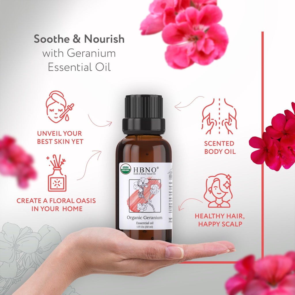 HBNO Organic Geranium Essential Oil - 1 oz (30 ml) | USDA Certified Organic