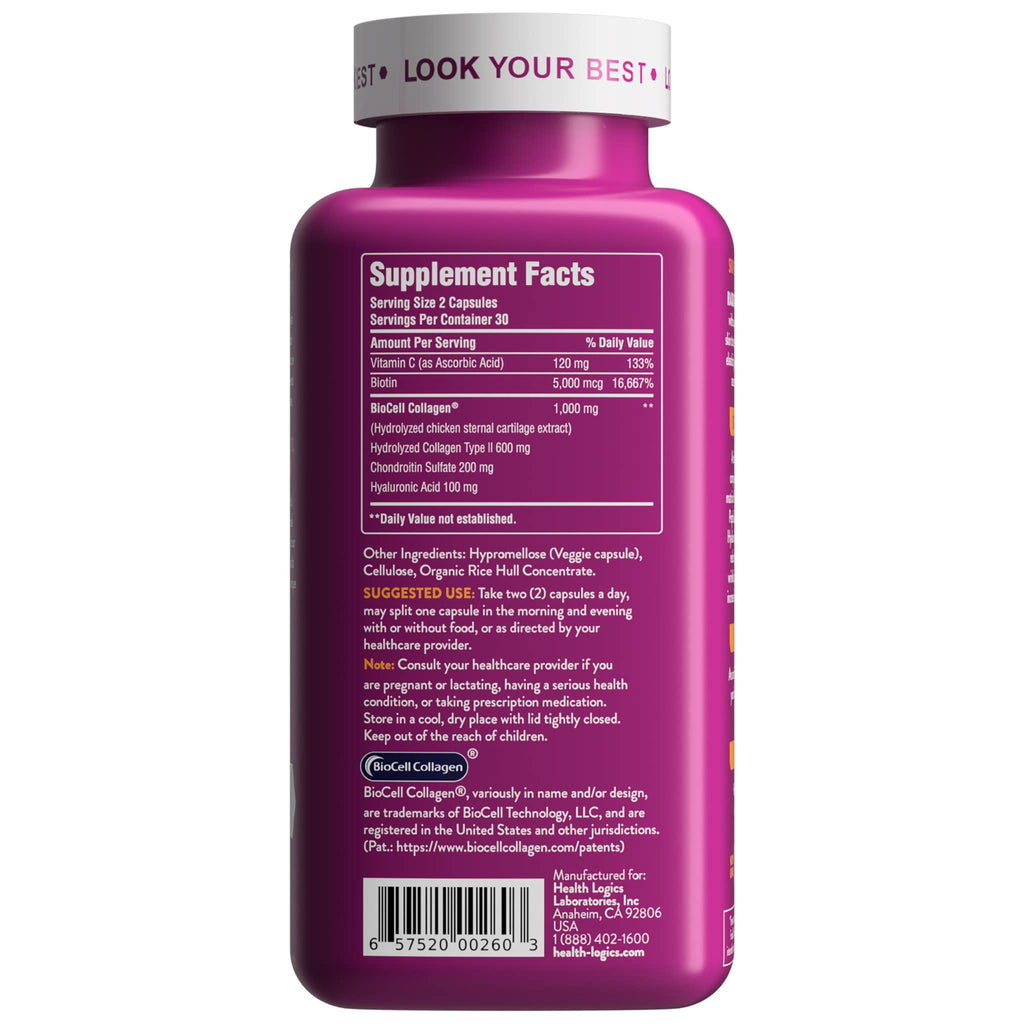 Health Logics Radiate | Hair Skin & Nails with Biotin, BioCell Collagen, Vitamin C, Hyaluronic Acid | Clinically Evaluated to Reduce Facial Lines, Wrinkles, Crows Feet & Promote Joint Comfort