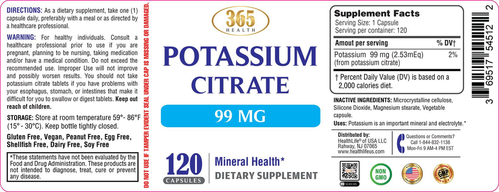 Potassium Citrate Capsule - Essential Electrolyte Support for Nerve, Muscle & Heart Health | 120 Capsules (Pack of 2)