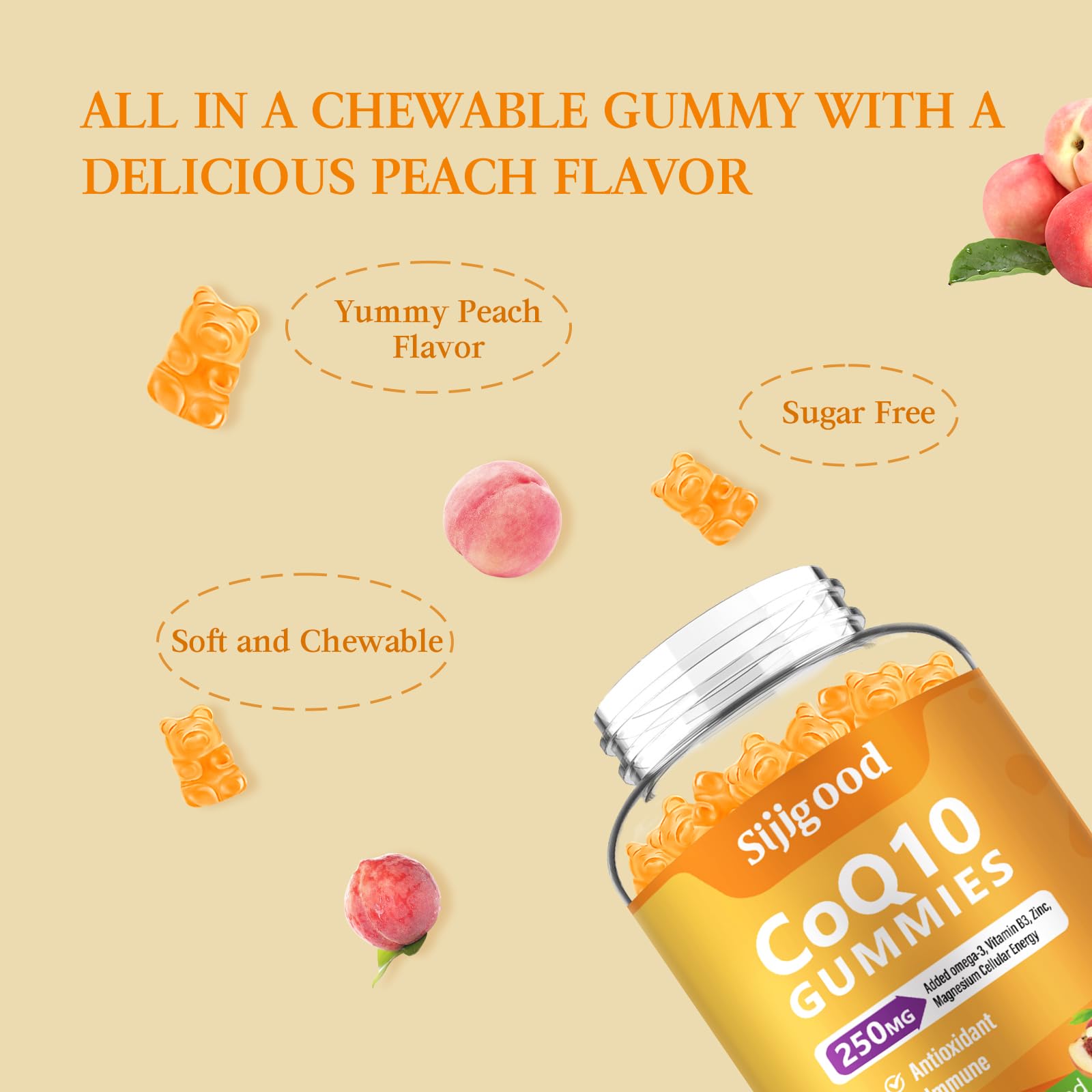 Sugar Free CoQ10 Gummies with Omega-3, Vitamin B3, Zinc & Magnesium – 5X Absorption, Peach Flavor (60 count)