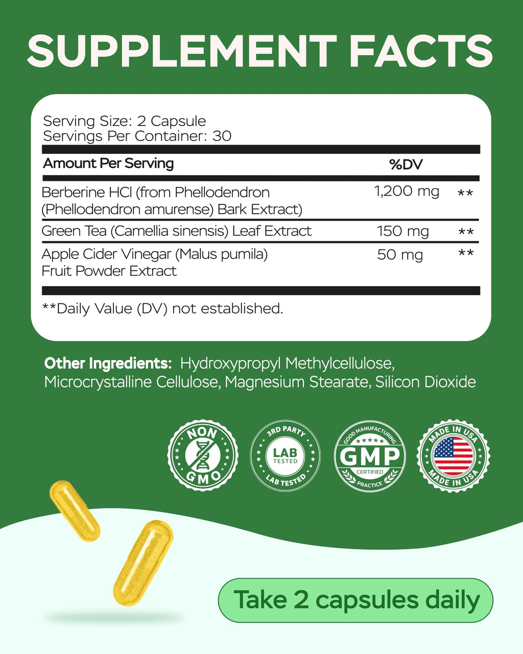 Berberine HCL Supplement - Triple Strength GLP-1 Activator with Apple Cider Vinegar & Green Tea Extract - Body Composition Support, Digestive Health, Support Heart Health, Immune System (60 Capsules)