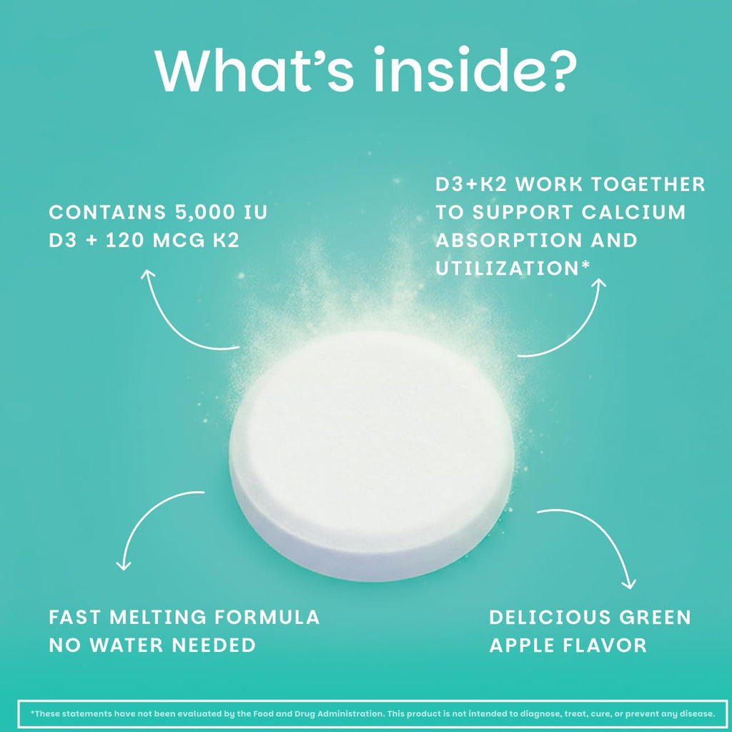EZ Melts D3 + K2 5000 IU – Vegan, Non-GMO, Green Apple, 90 Tablets