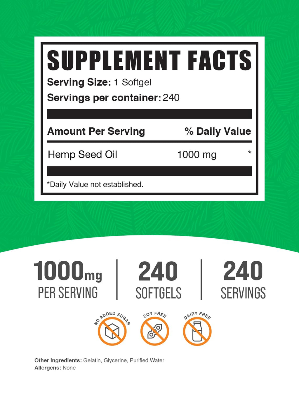 Hemp Seed Oil Softgels 1000mg – Omega-3, Gluten Free | 240 Count