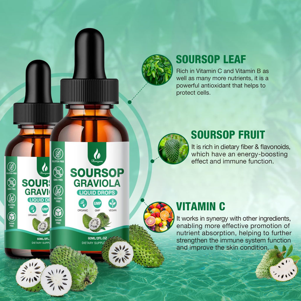 Hemyum Soursop Bitters Liquid – 2 Pack, 7-in-1 Graviola Drops with Sea Moss