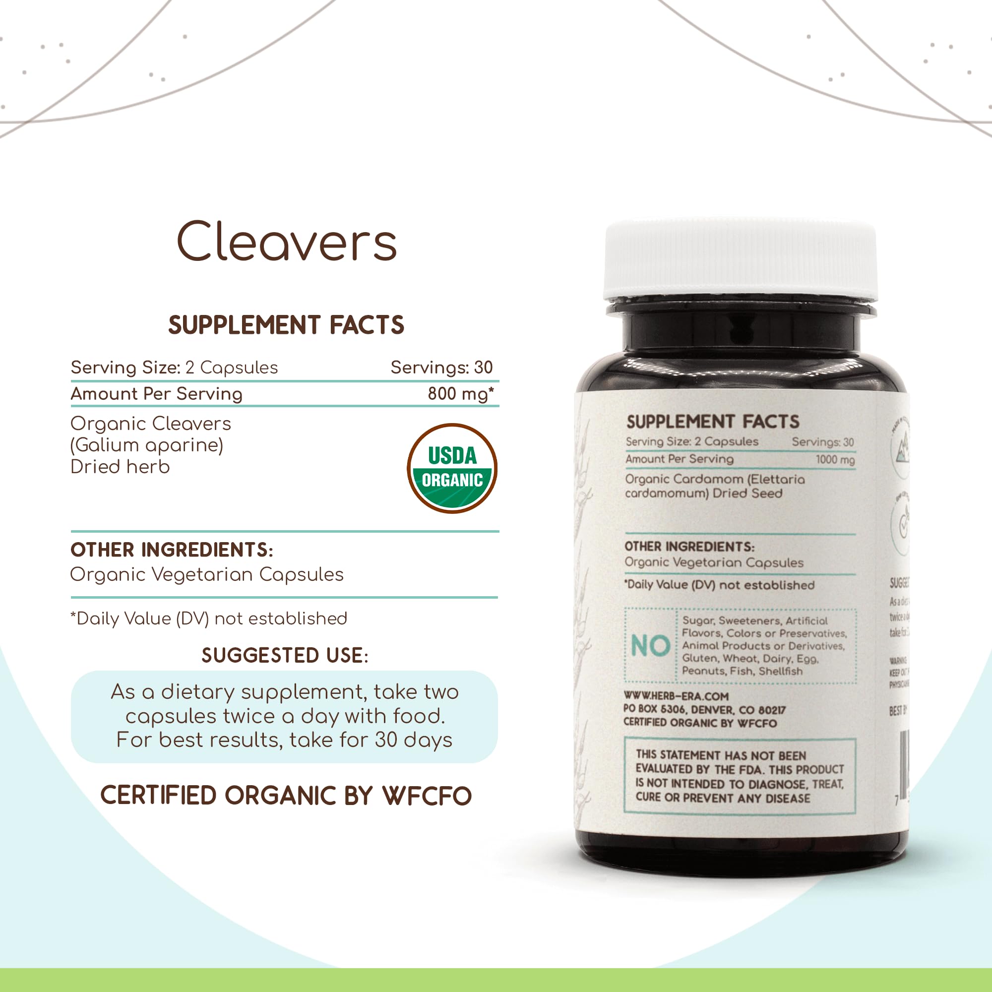 HerbEra Cleavers USDA Organic 60 Capsules | Pack of 2 | Natural Herbal Supplement