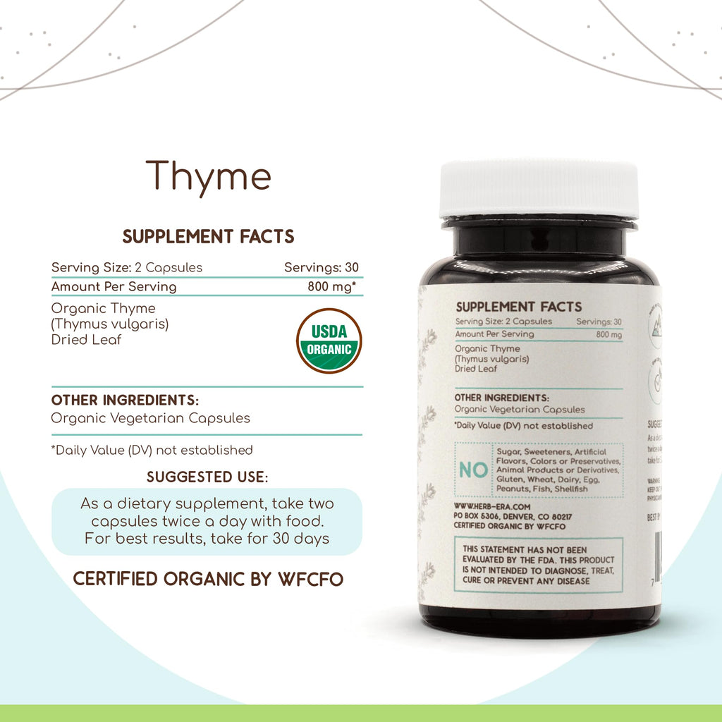 HerbEra Thyme 60 Capsules – 800 mg, USDA Organic Thyme (Thymus Vulgaris) Dried Leaf
