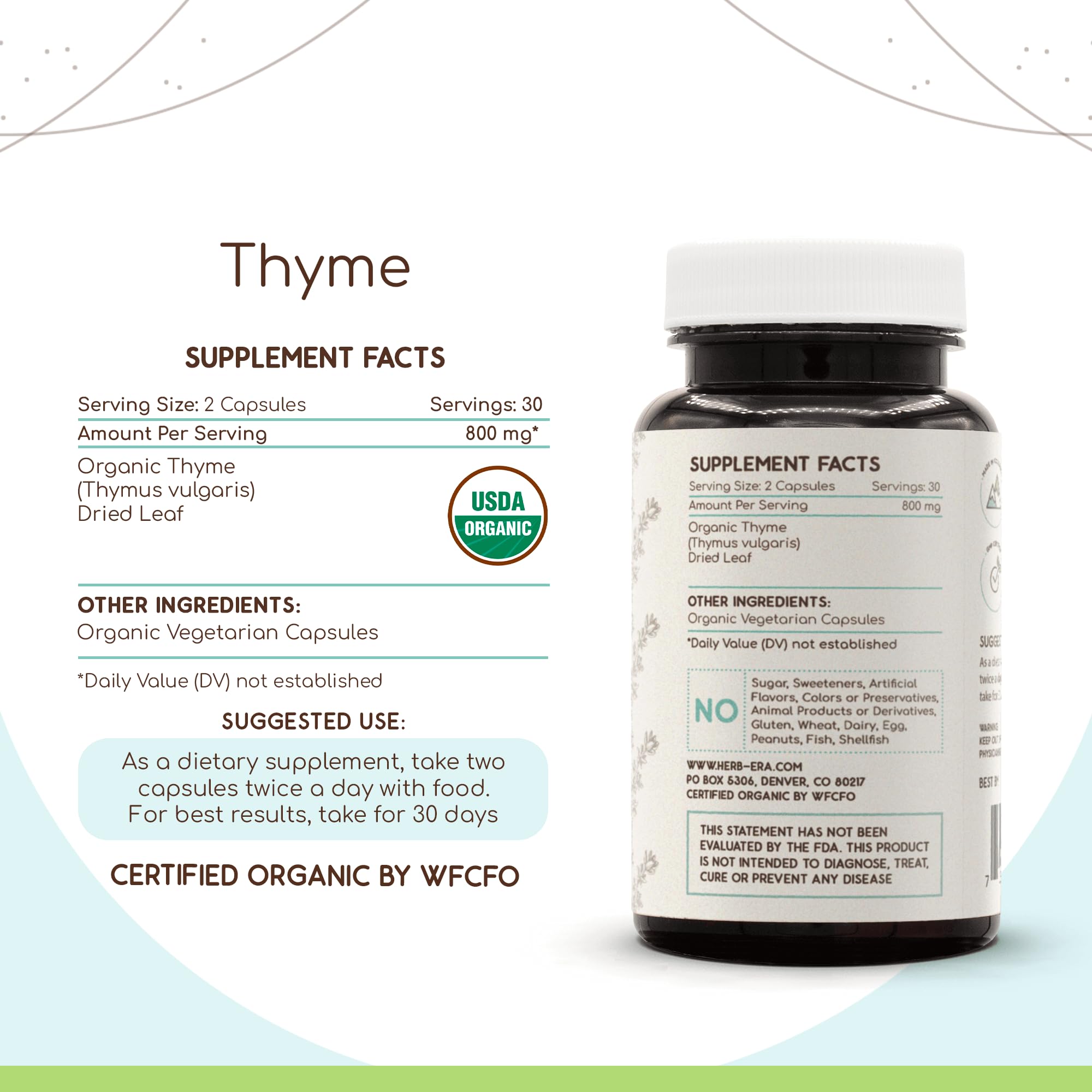 HerbEra Thyme 60 Capsules – 800 mg, USDA Organic Thyme (Thymus Vulgaris) Dried Leaf