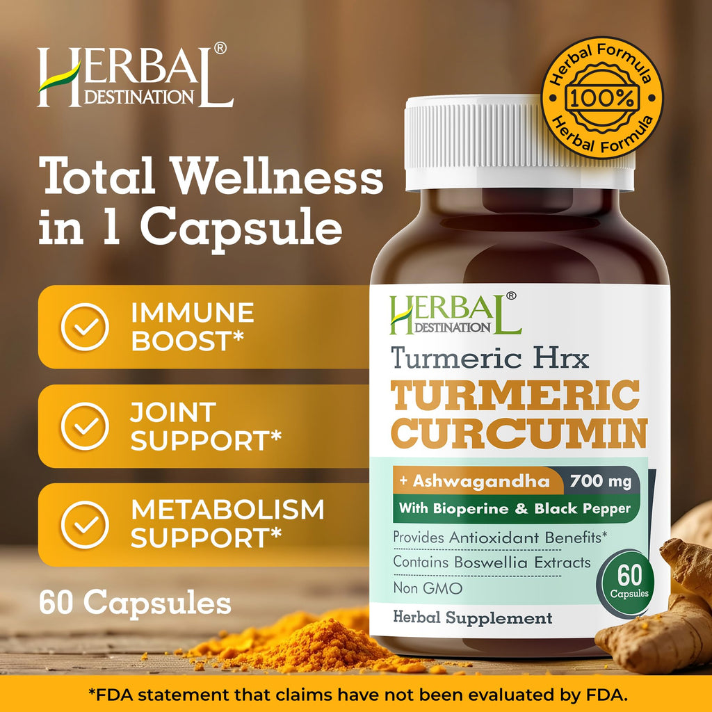 Herbal Destination Turmeric Supplement HRX - 60 Capsules (Pack of 2) | Turmeric Curcumin, Boswellia & Black Pepper Extract