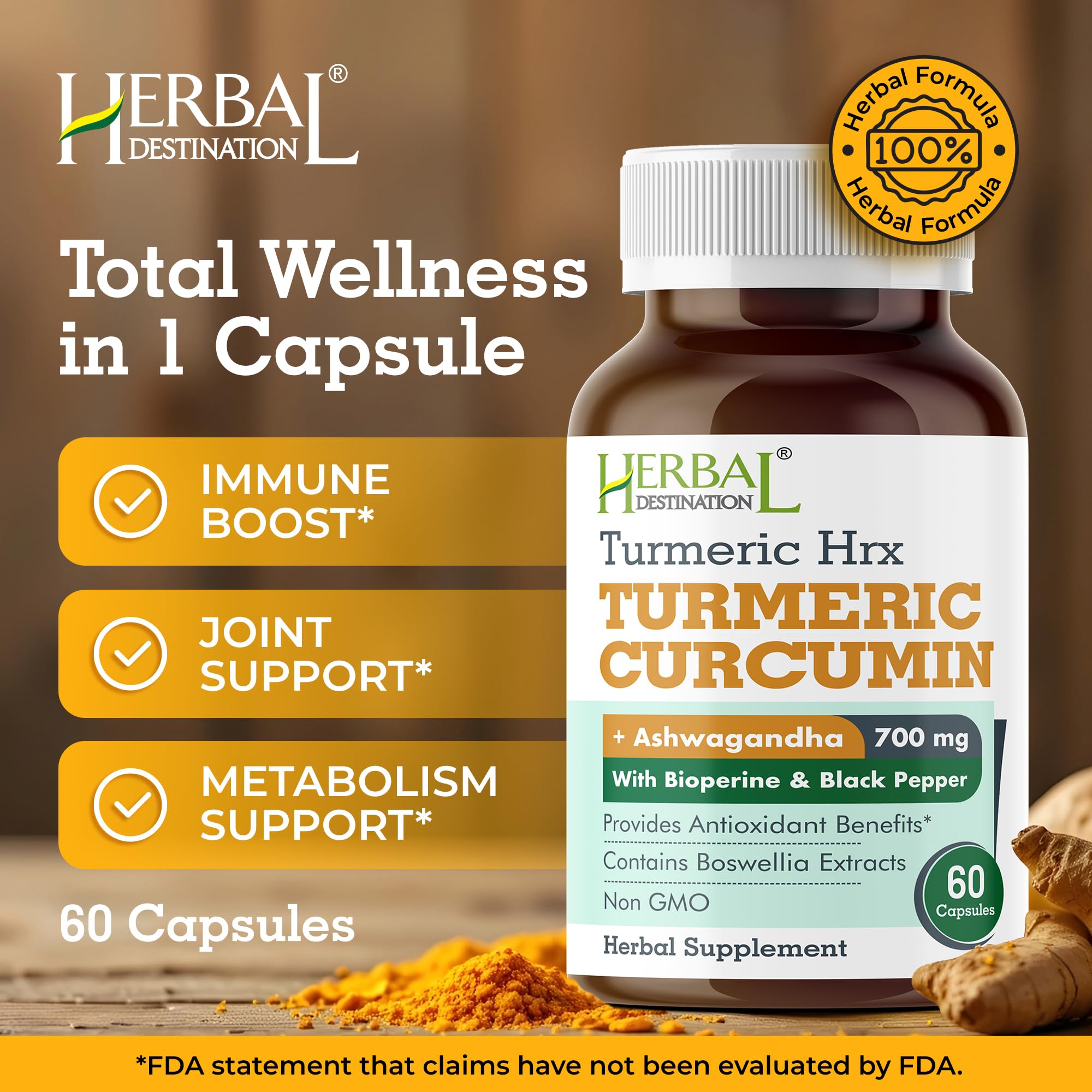 Herbal Destination Turmeric Supplement HRX - 60 Capsules (Pack of 2) | Turmeric Curcumin, Boswellia & Black Pepper Extract