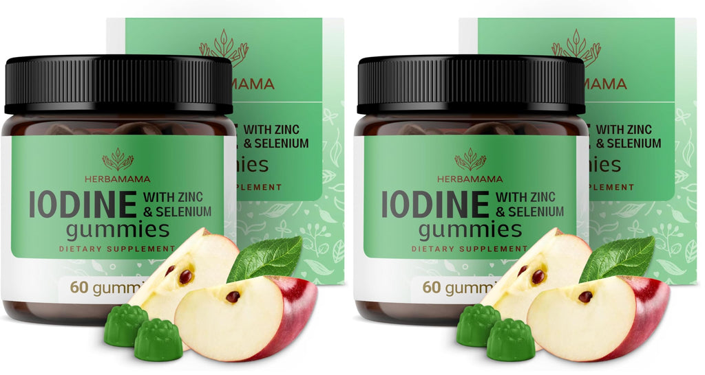 HERBAMAMA Iodine Gummies – Potassium Iodine, Zinc & Selenium for Immune Support & Brain Health | Vegan, Non-GMO | 60 Apple-Flavored Chews (Pack of 2)