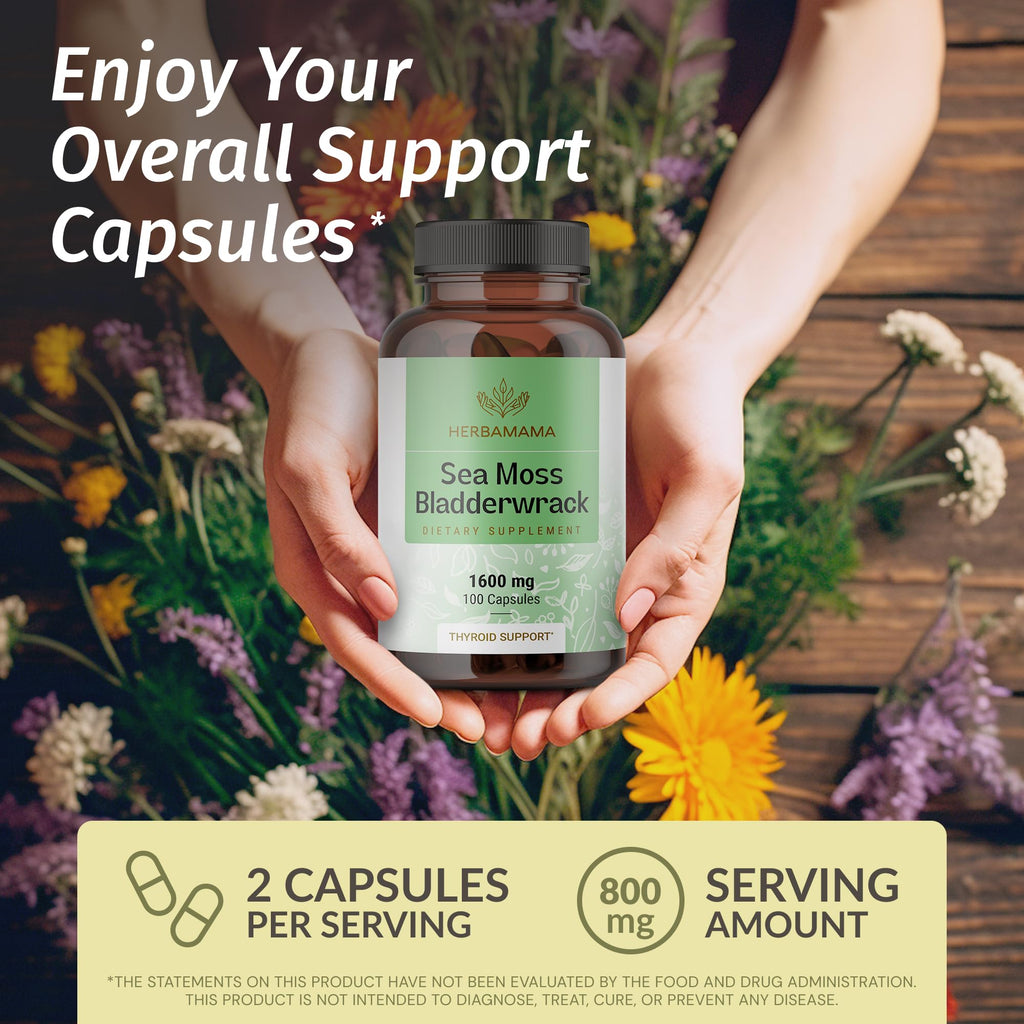 HERBAMAMA Sea Moss and Bladderwrack Capsules - 1600mg Irish Sea Moss for Immune Support - Vegan, Non-GMO Immunity Supplement for Overall Support