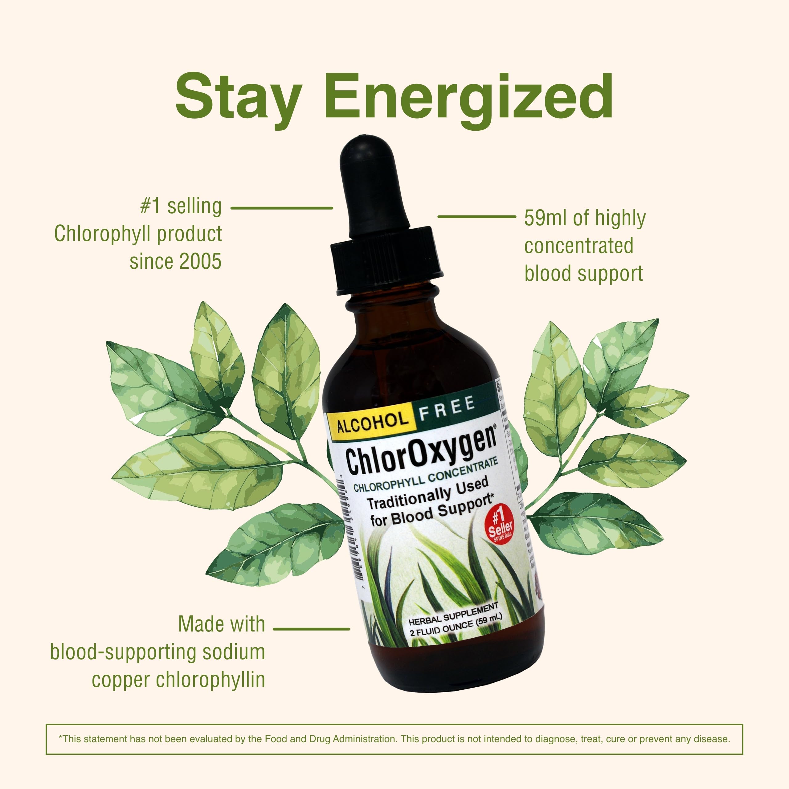 ChlorOxygen Chlorophyll Concentrate by Herbs Etc. - Alcohol-Free, Highly-Concentrated Chlorophyll | 2 oz (132 Servings)