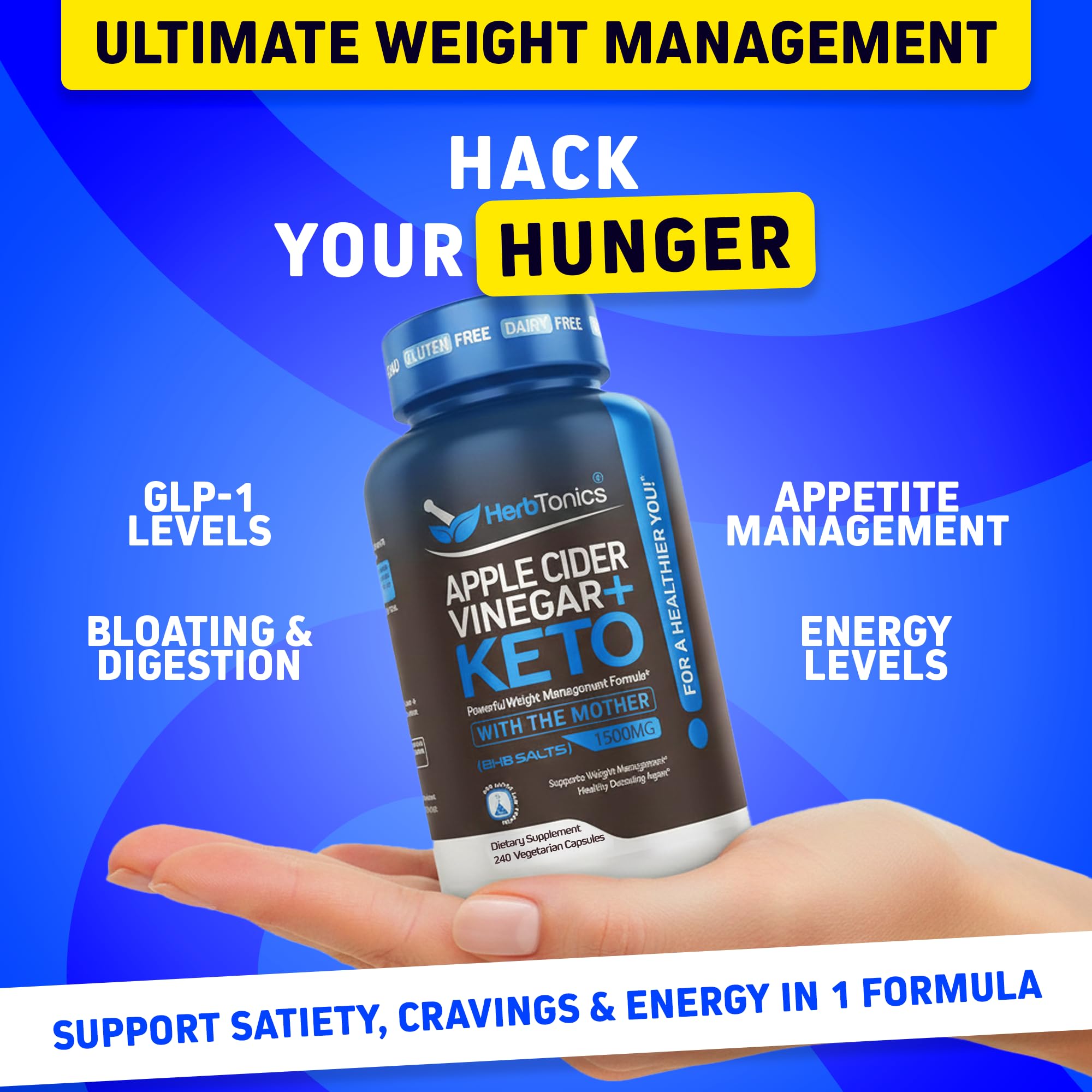 Herbtonics Keto Metabolic Optimizer & Satiety Complex | Apple Cider Vinegar + BHB Capsules | GLP-1 & Fullness Support | 240 Capsules