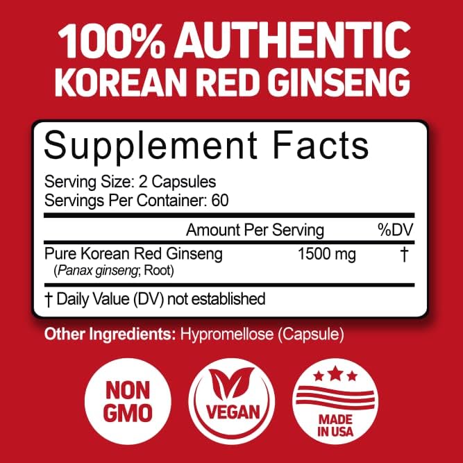 Herbtonics Korean Red Panax Ginseng 1500mg - Energy, Focus & Vitality | 120 Vegan Capsules