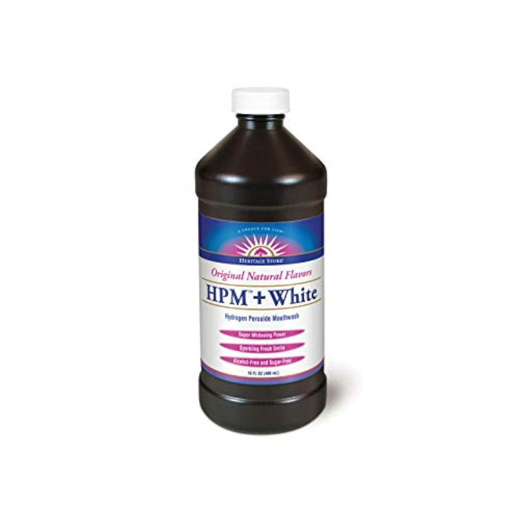 Heritage Store HPM + White Mouthwash - Whitening Hydrogen Peroxide Rinse, Alcohol & Fluoride Free, 16 oz