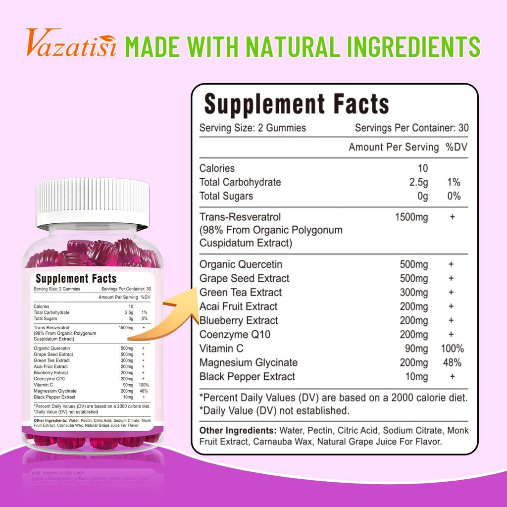 High Purity Resveratrol Gummies, 98% Trans-Resveratrol with Quercetin, Coq 10, Vitamin C, Reservatrol Supplement for Antioxidant, Anti-Aging, 60 Gummies