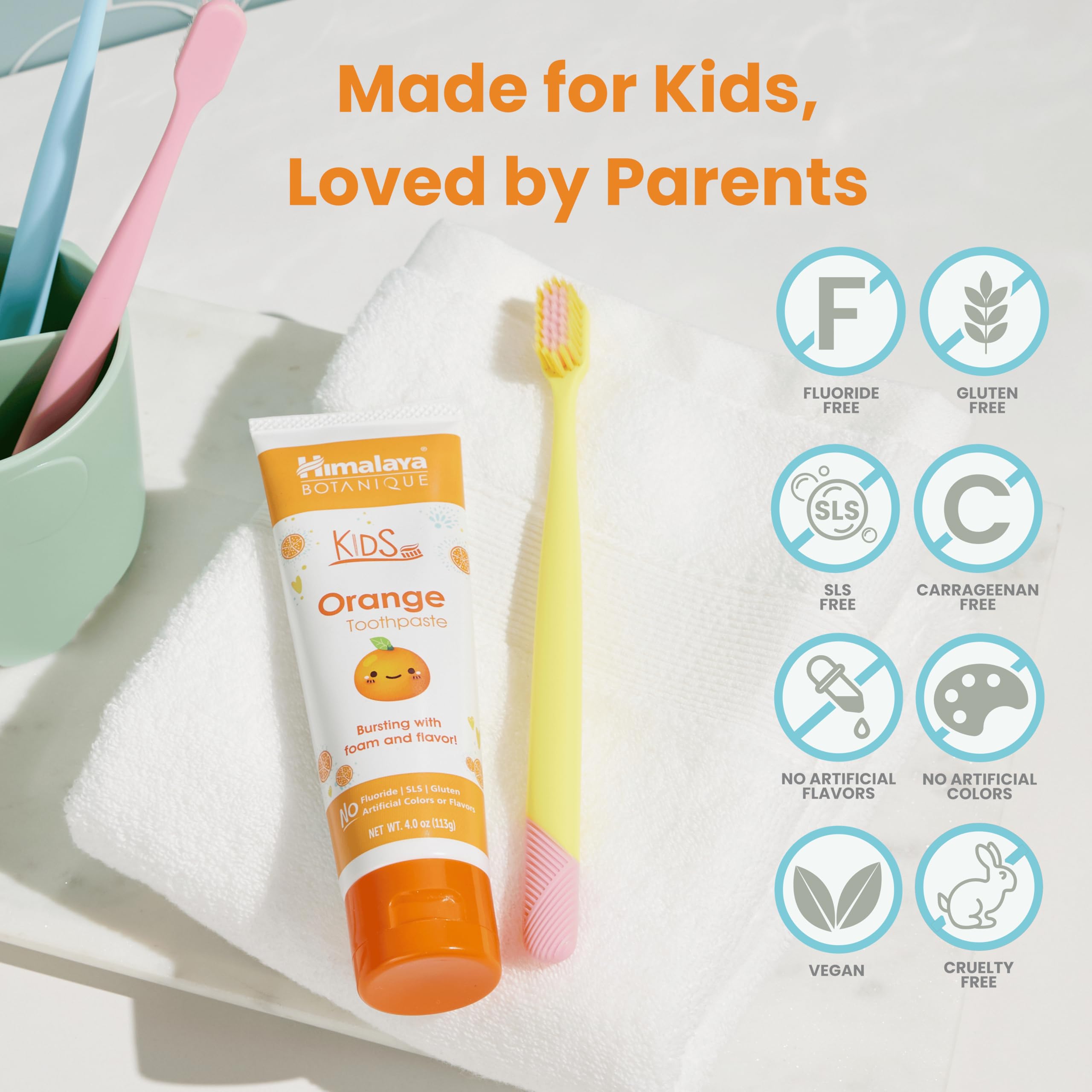 Himalaya Botanique Kids Toothpaste – Herbal Orange Flavor, Fluoride Free, SLS Free, Vegan | 4 Oz x 4 Pack