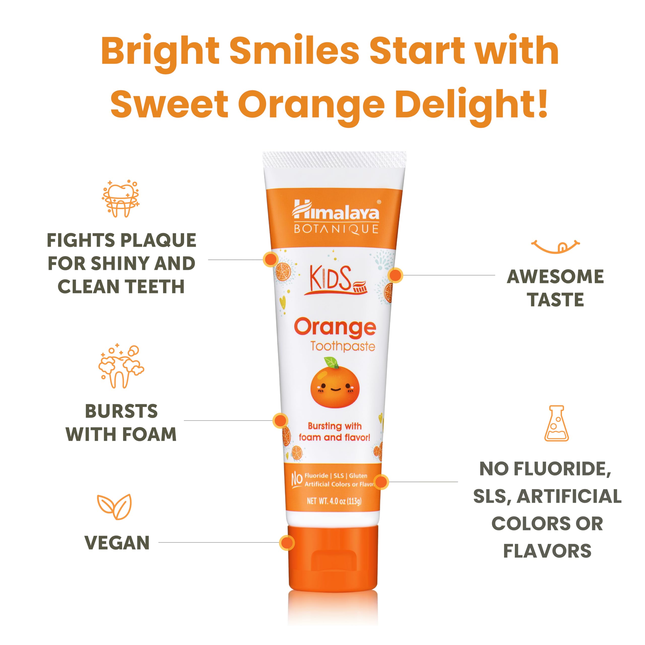 Himalaya Botanique Kids Toothpaste – Herbal Orange Flavor, Fluoride Free, SLS Free, Vegan | 4 Oz x 4 Pack