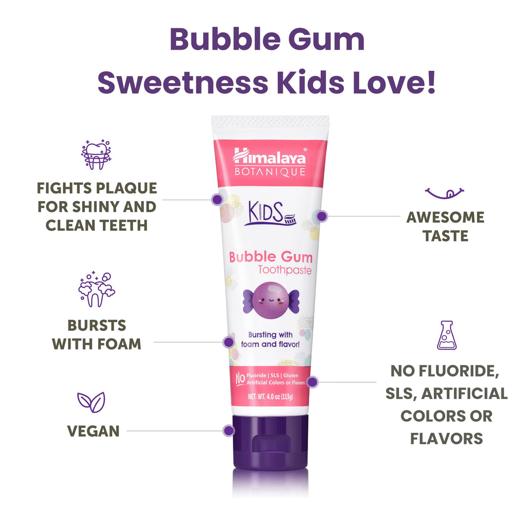 Himalaya Botanique Kids Toothpaste with Xylitol - Bubble Gum, SLS Free, Fluoride Free, 4 oz
