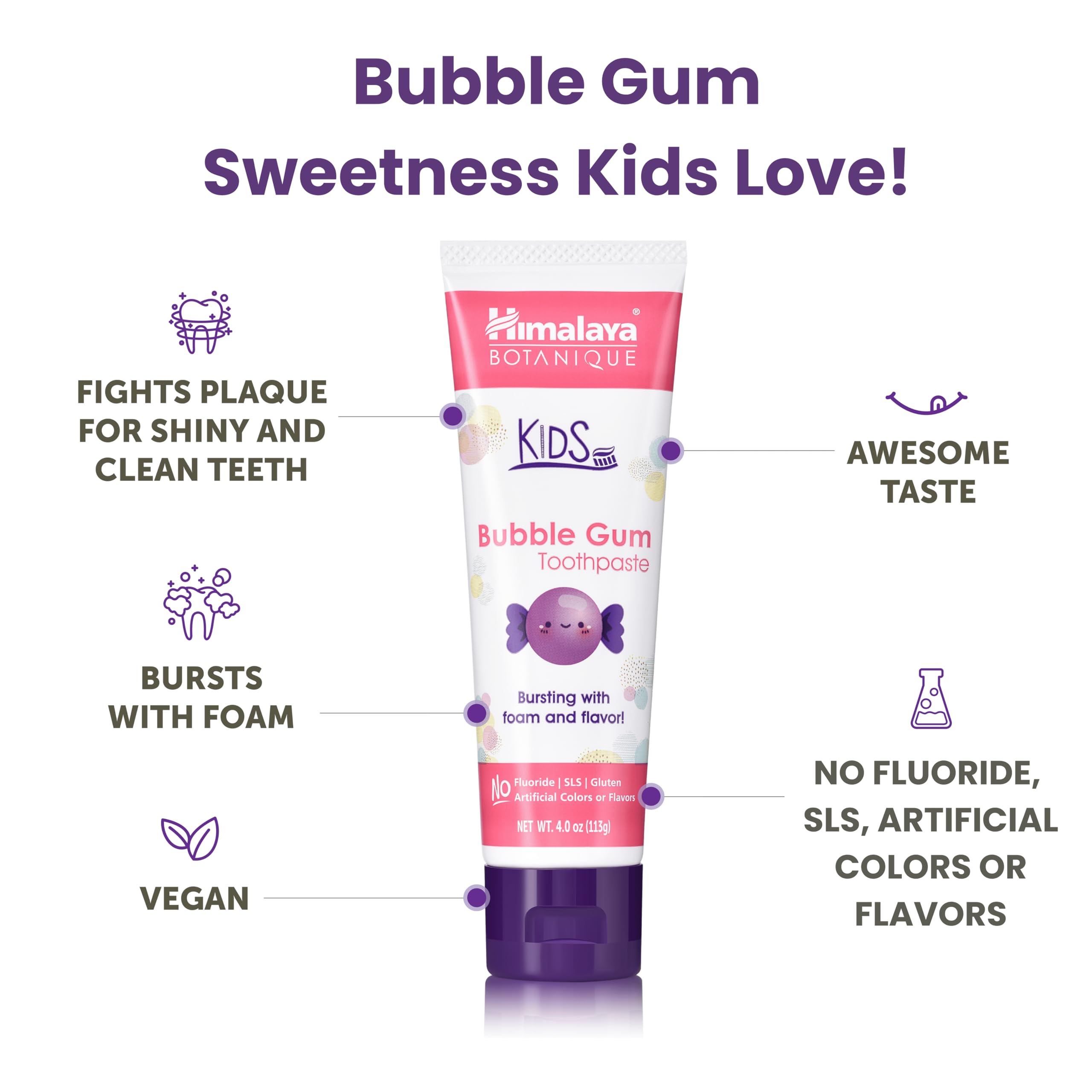 Himalaya Botanique Kids Toothpaste with Xylitol - Bubble Gum, SLS Free, Fluoride Free, 4 oz